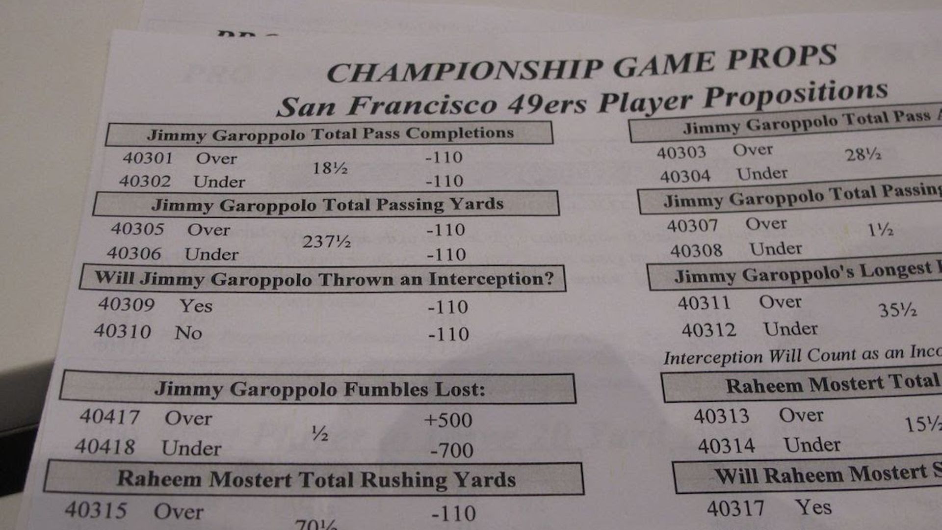 Sheet with sports bets for 2020 Super Bowl