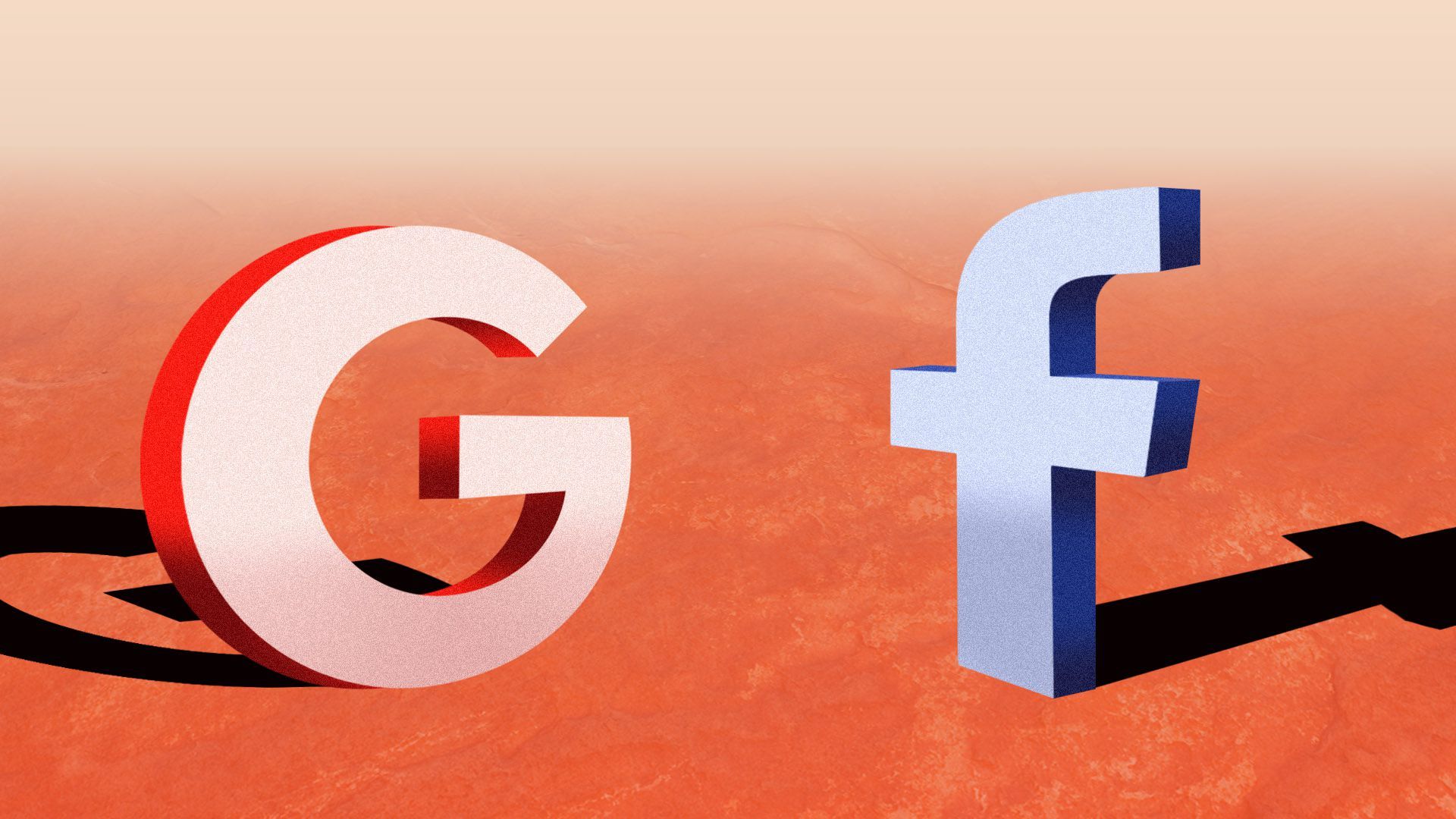Illustration of the Google and Facebook logos facing off on an Australian-outback-like-landscape