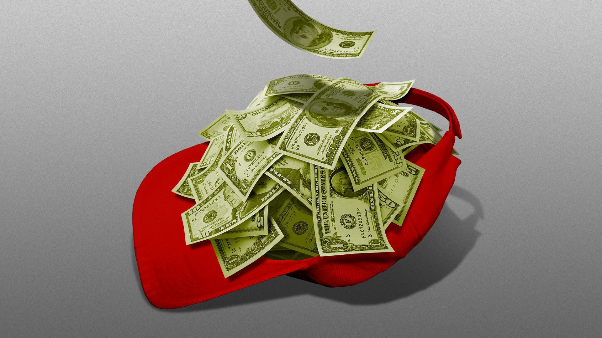 An illustration shows a red Trump baseball cap full of cash.