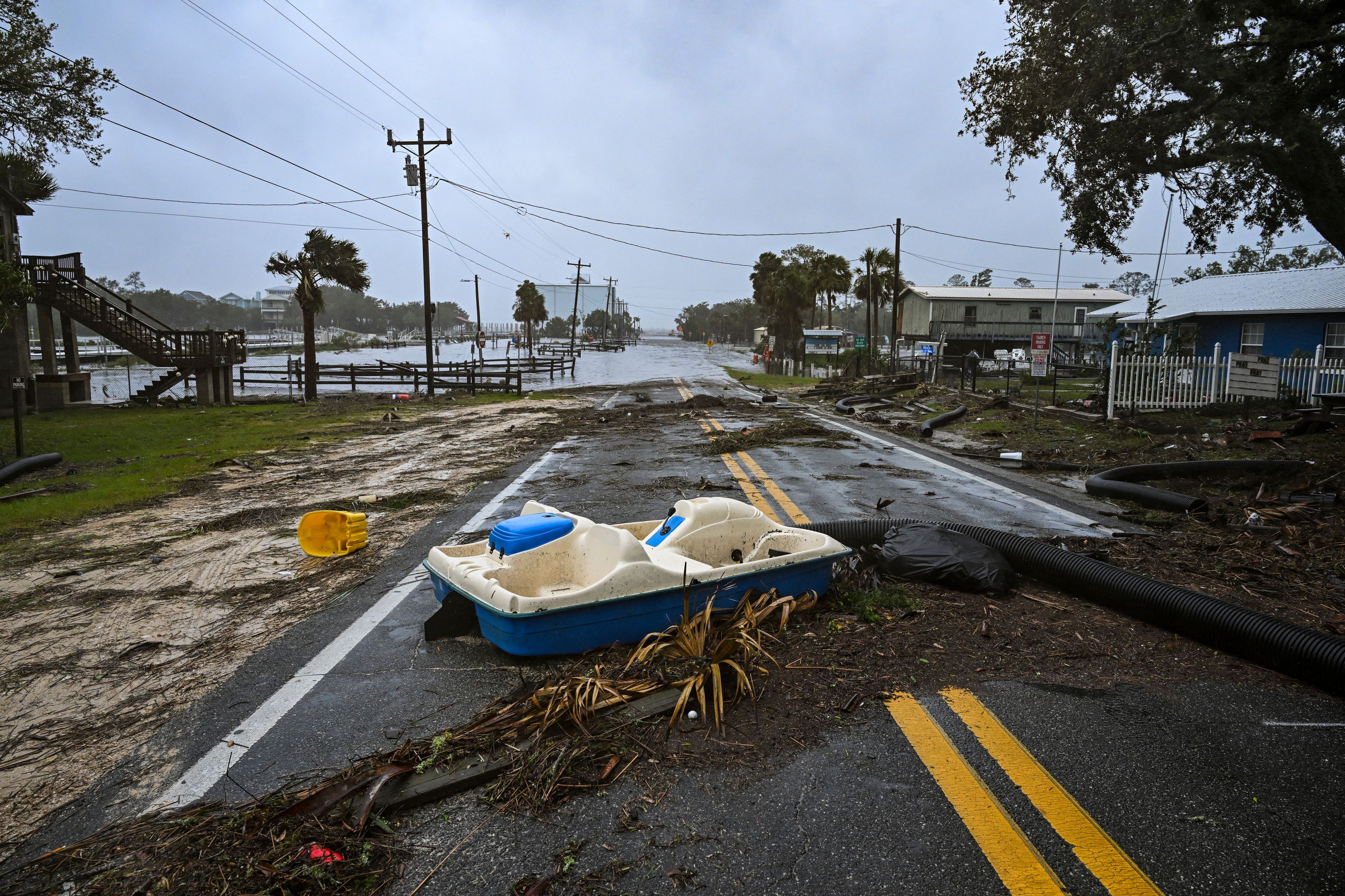 A flooded street is seen near the Steinhatchee marina in Steinhatchee, Florida on August 30, 2023, after Hurricane Idalia made landfall. 