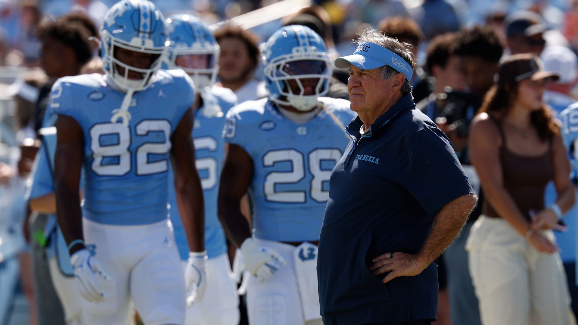Head coach Bill Belichick of the North Carolina Tar Heels looks on prior to the game against the Clemson Tigers at Kenan Memorial Stadium on October 4, 2025 in Chapel Hill, North Carolina. (Photo by Lance King/Getty Images)
