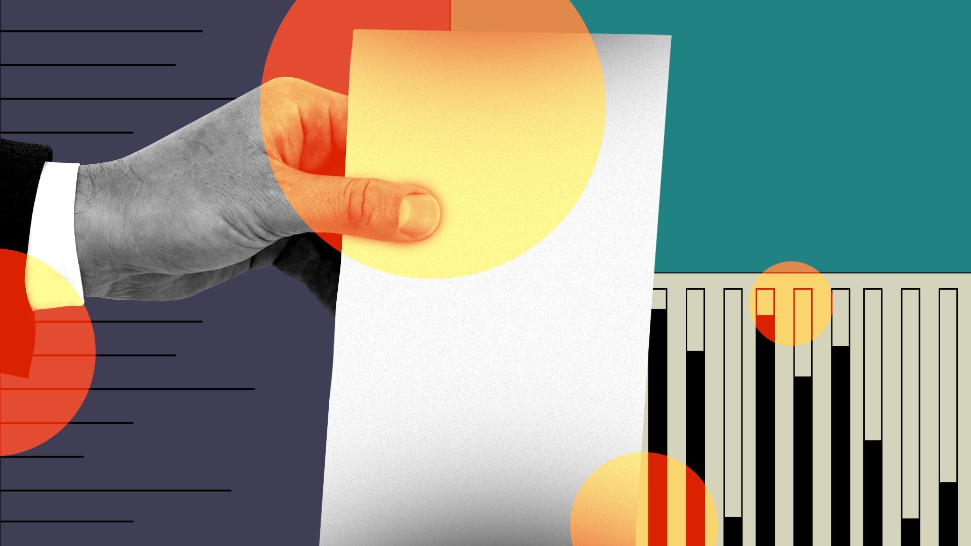 Illustrated collage of measurement lines and a hand holding a list with abstract circles.