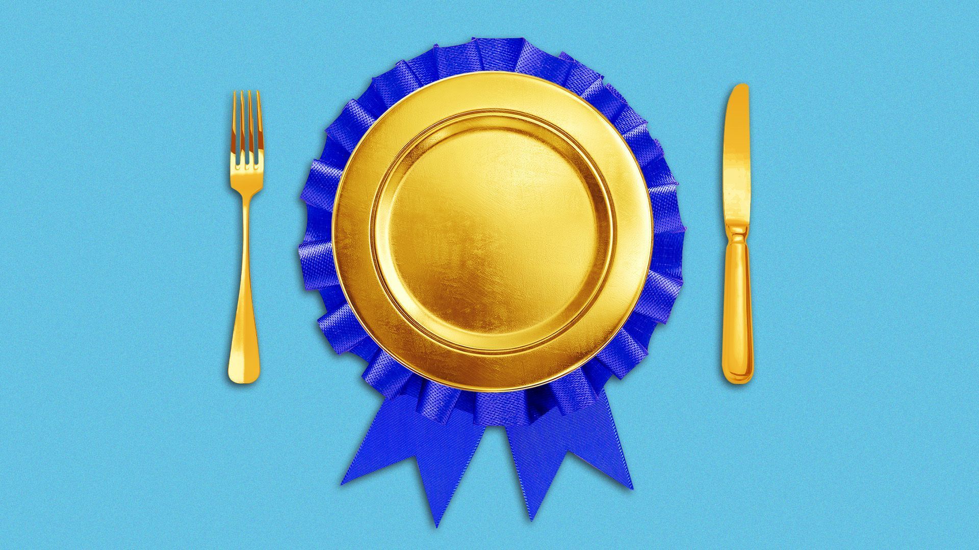 Illustration of a golden fork to the left of a golden plate, with a golden knife placed to the plate's right. The rim of the plate is decorated with a blue ribbon, creating the effect of a gold medal-inspired look.