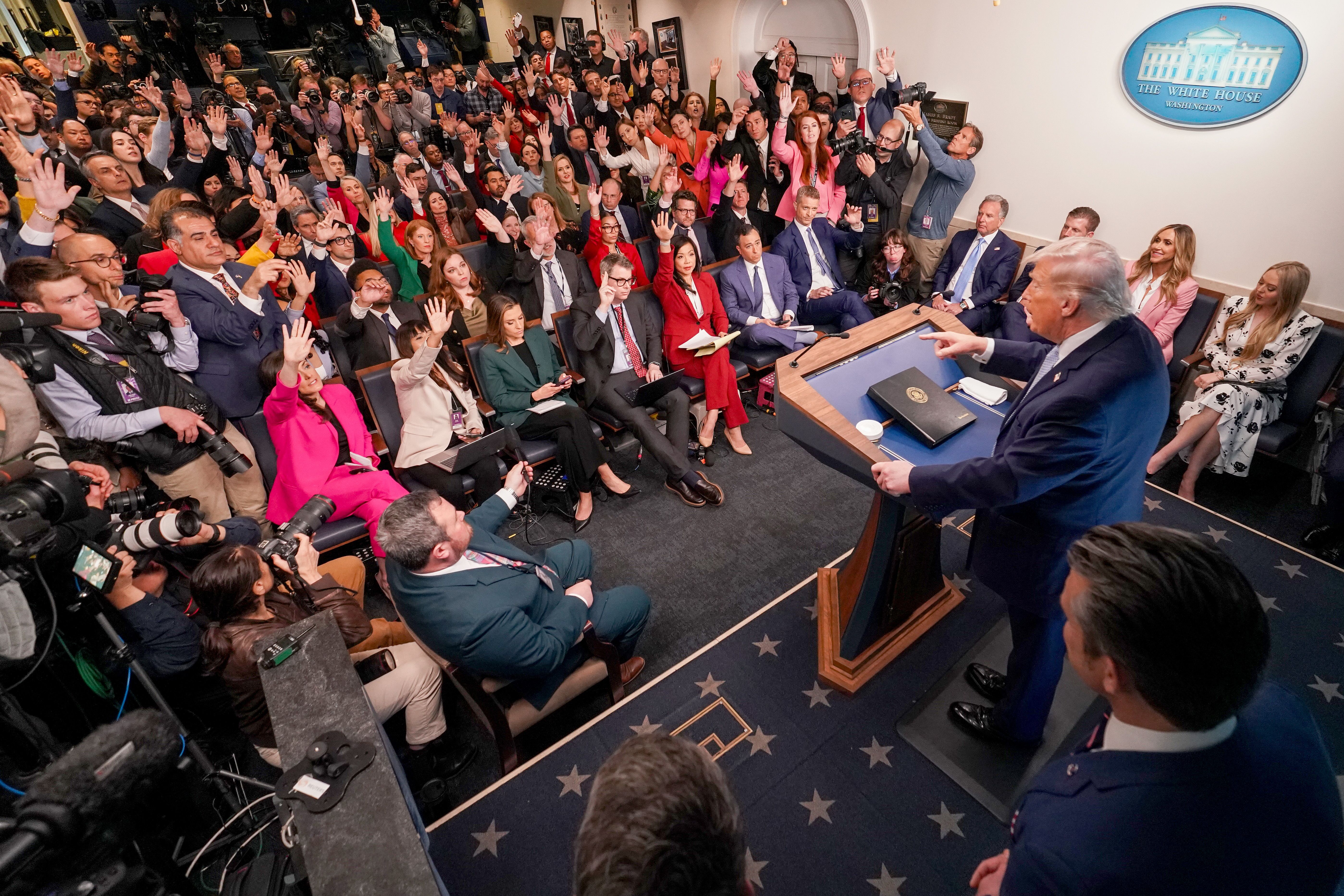 President Trump speaks in the White House briefing room this afternoon. Photo: Anna Moneymaker/Getty Images