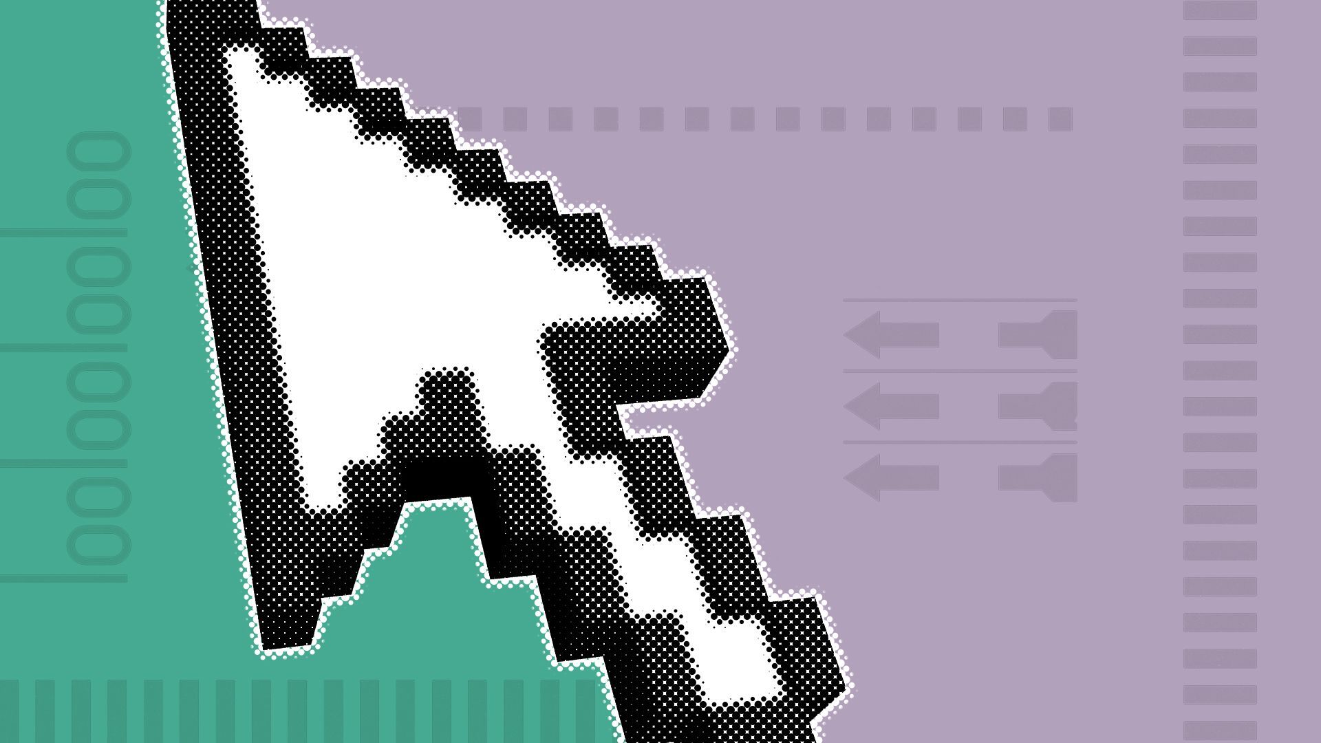 Illustration of a cursor over a divided green and purple background covered with elements of ballots.