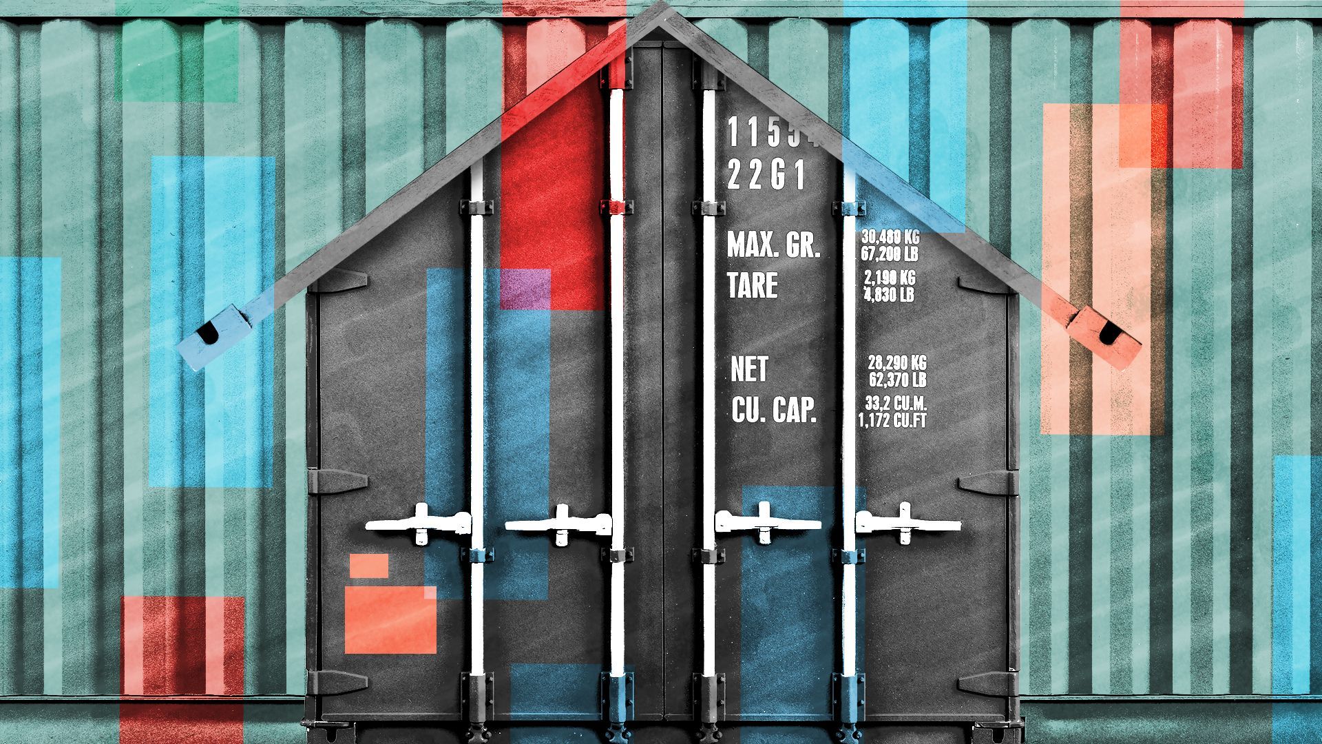 Illustration of a shipping container in the shape of a house with various rectangle shapes overlayed