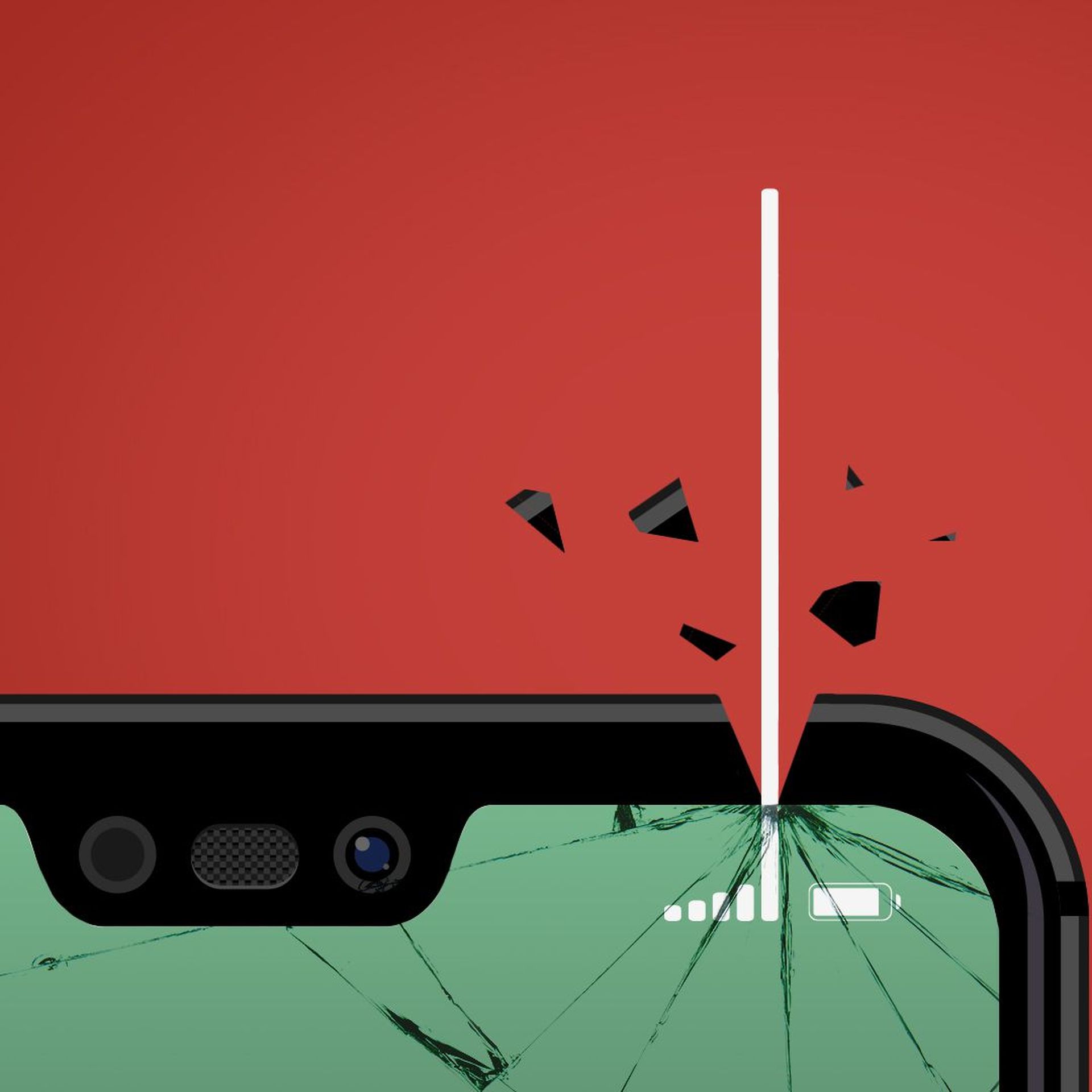 Illustration of a close up of a cell phone showing the largest reception bar breaking off the screen.  