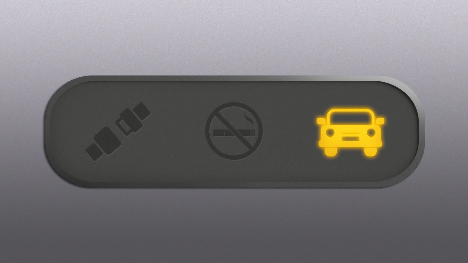 An illustration of an overhead panel in a passenger plane showing a no smoking symbol, a seatbelt symbol and an illuminated car symbol