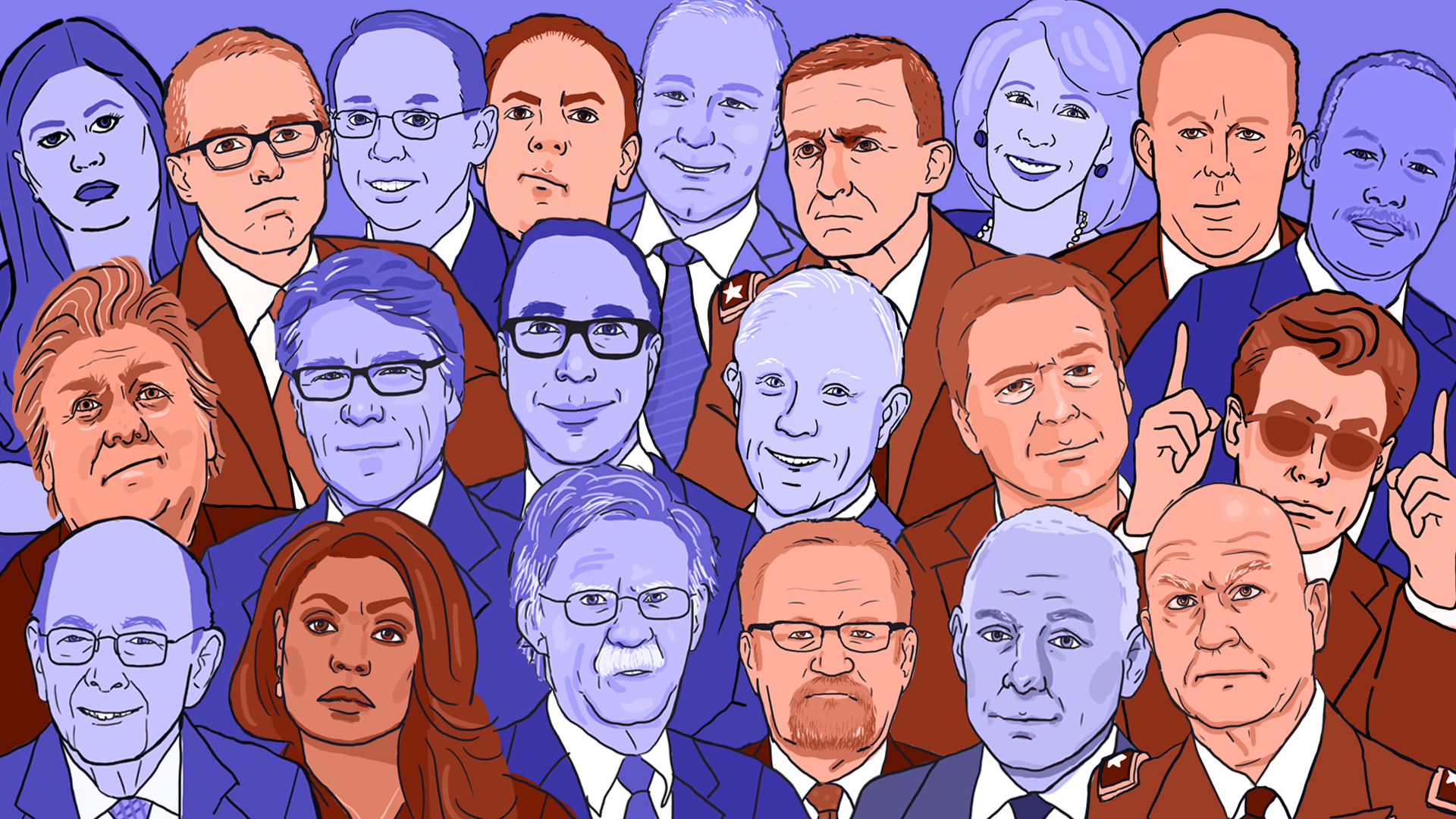 Blue and red illustrations of current and former top Trump administration officials
