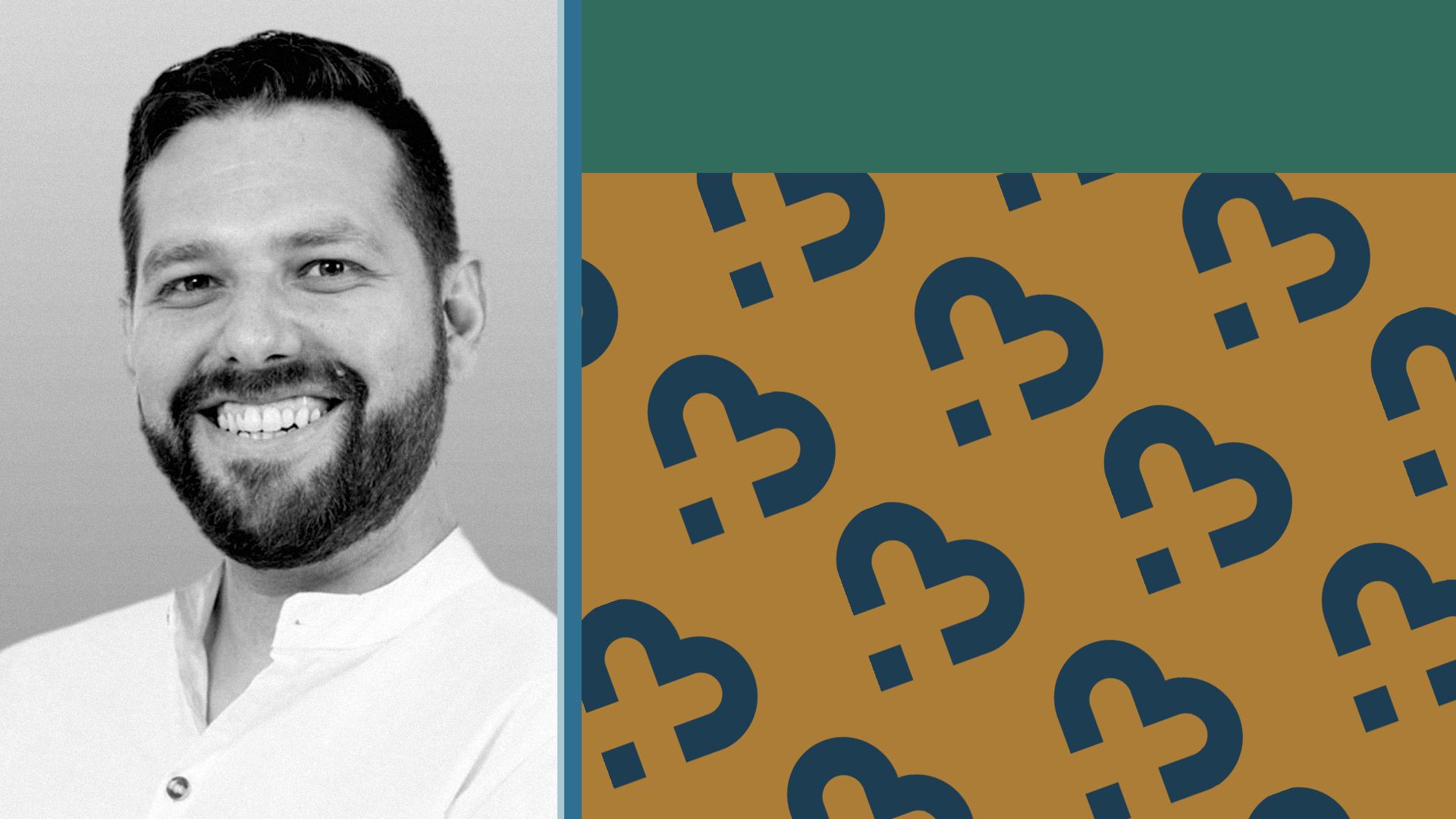 Photo illustration of Iyah Romm next to colorful rectangles and a pattern of Hazel Health logos.