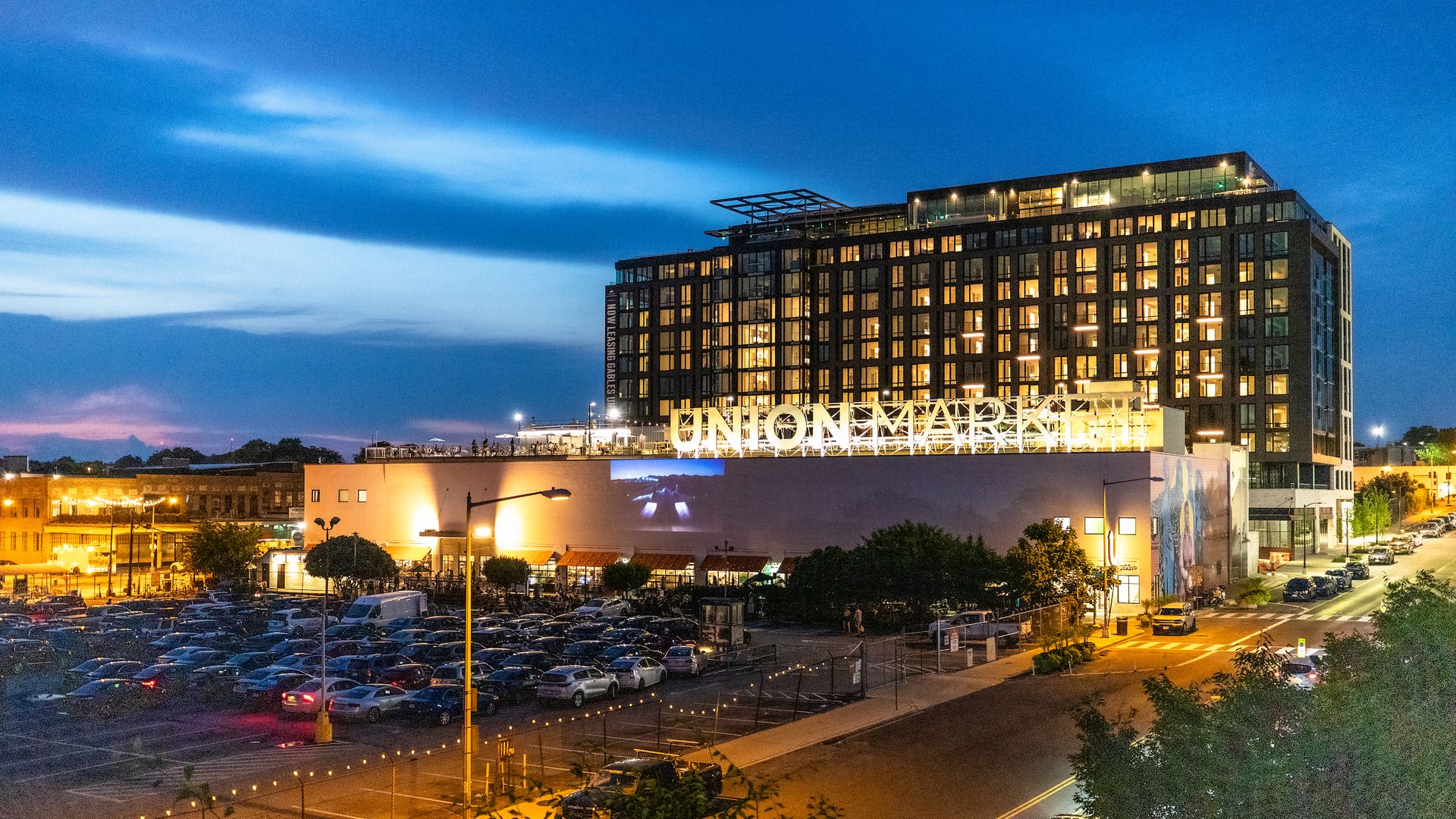 Union Market lit up at night