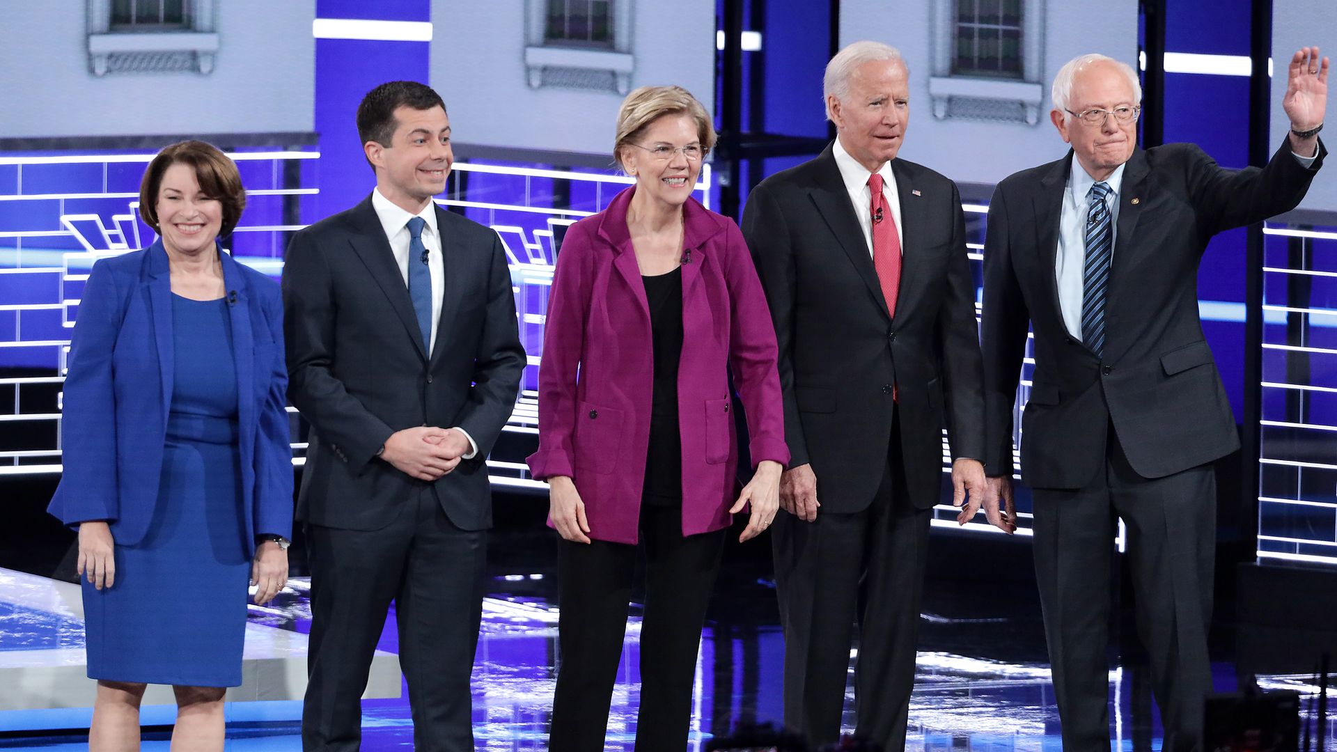 Democratic presidential candidates Sen. Amy Klobuchar, Pete Buttigieg, Sen. Elizabeth Warren, Joe Biden, and Sen. Bernie Sanders at the Democratic Presidential Debate in Atlanta, Georgia.