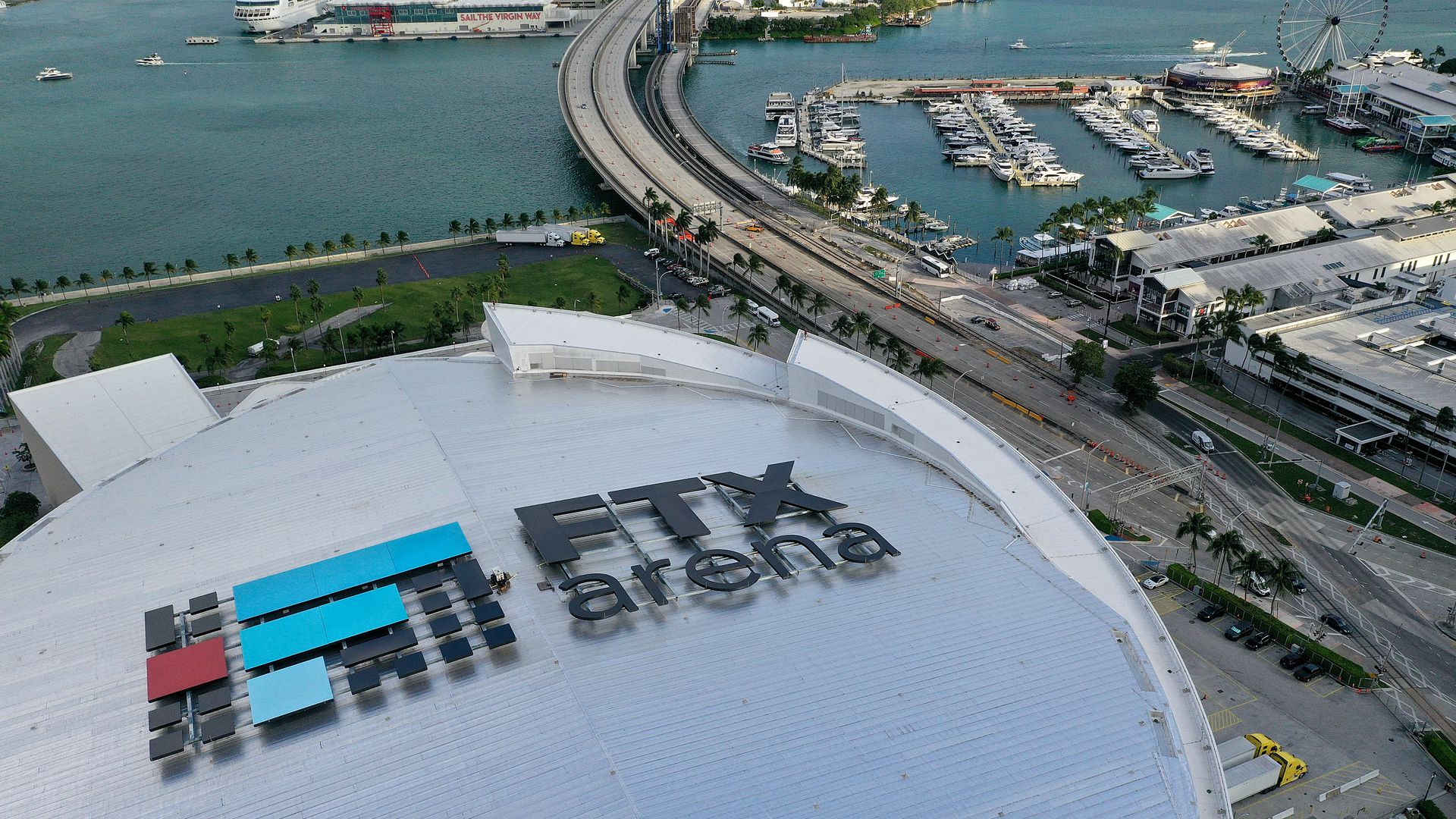 An aerial view of FTX Arena, where the Miami Heat play, shows FTX signage on the roof of the downtown Miami stadium.