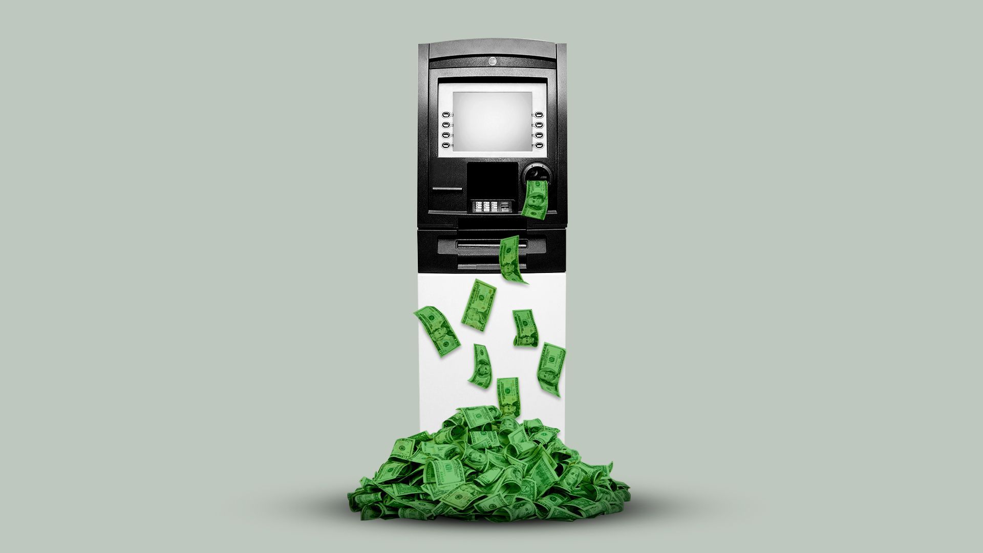 Illustration of an atm machine surrounded by a growing pile of money.  