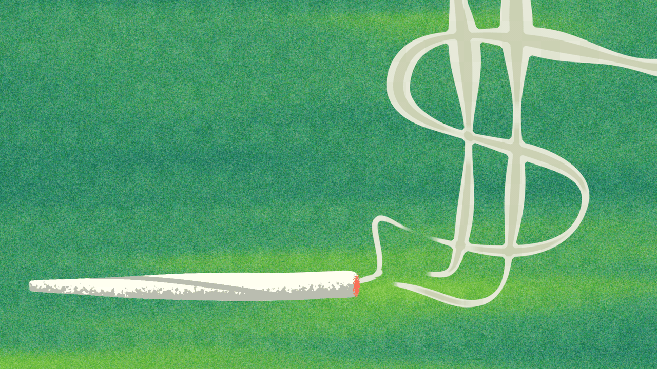 Animated illustration of a joint with smoke in the shape of a dollar sign coming out of it.