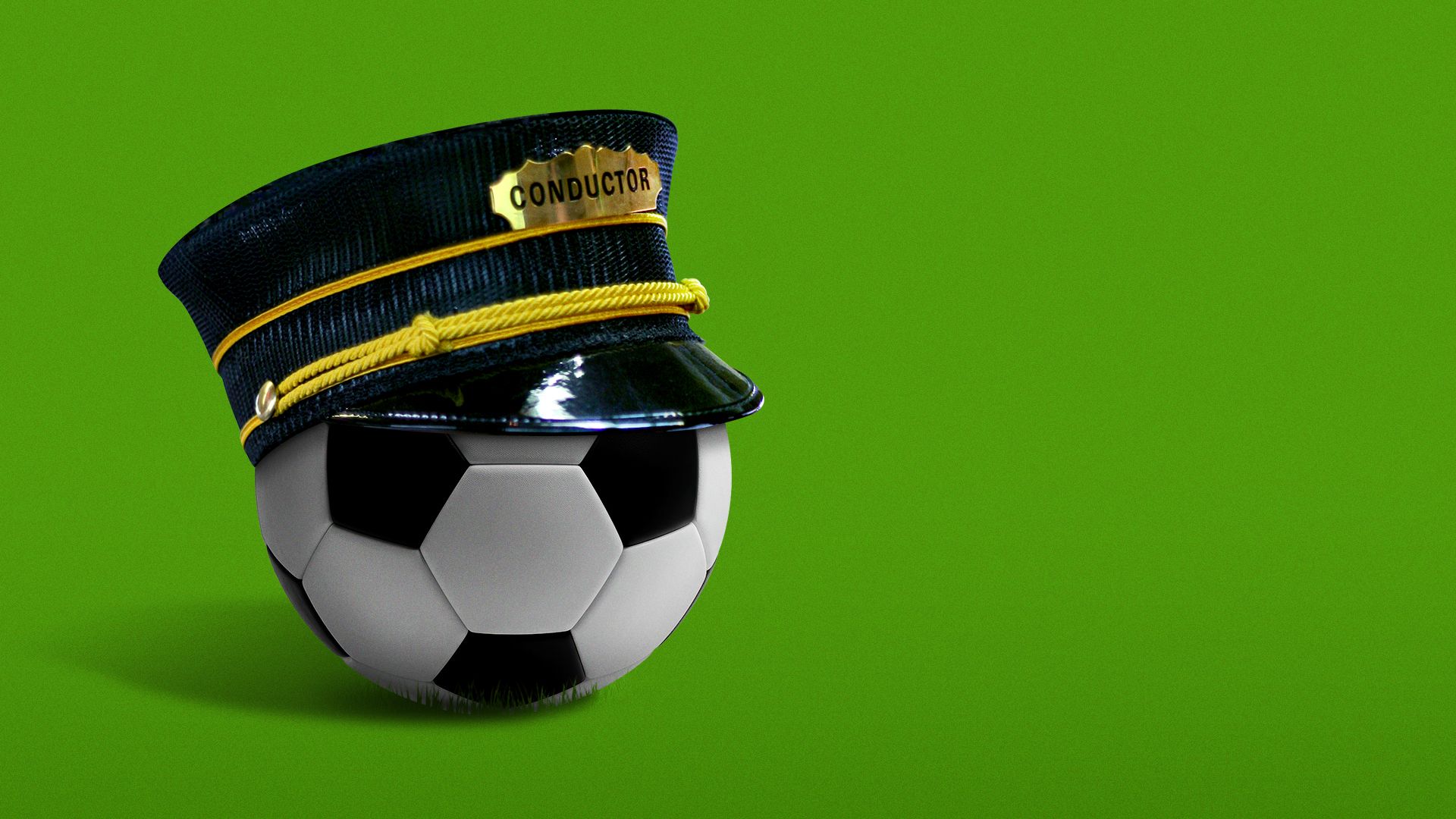 Illustration of a soccer ball wearing a conductor hat.