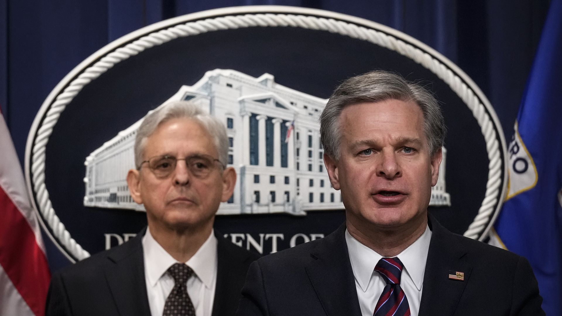 Attorney General Merrick Garland and FBI Director Christopher Wray speak during a news conference in D.C. in January.