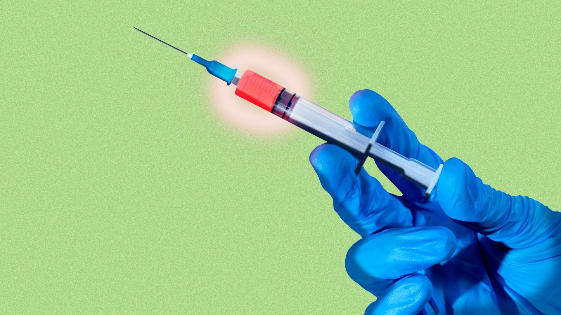 Illustration of a hand in a glove holding a glowing syringe