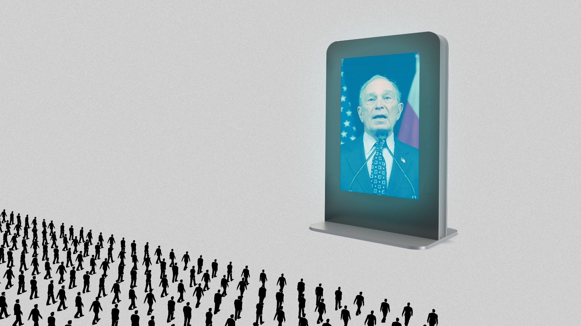 Illustration of a crowd of people marching towards a giant screen showing Michael Bloomberg. 