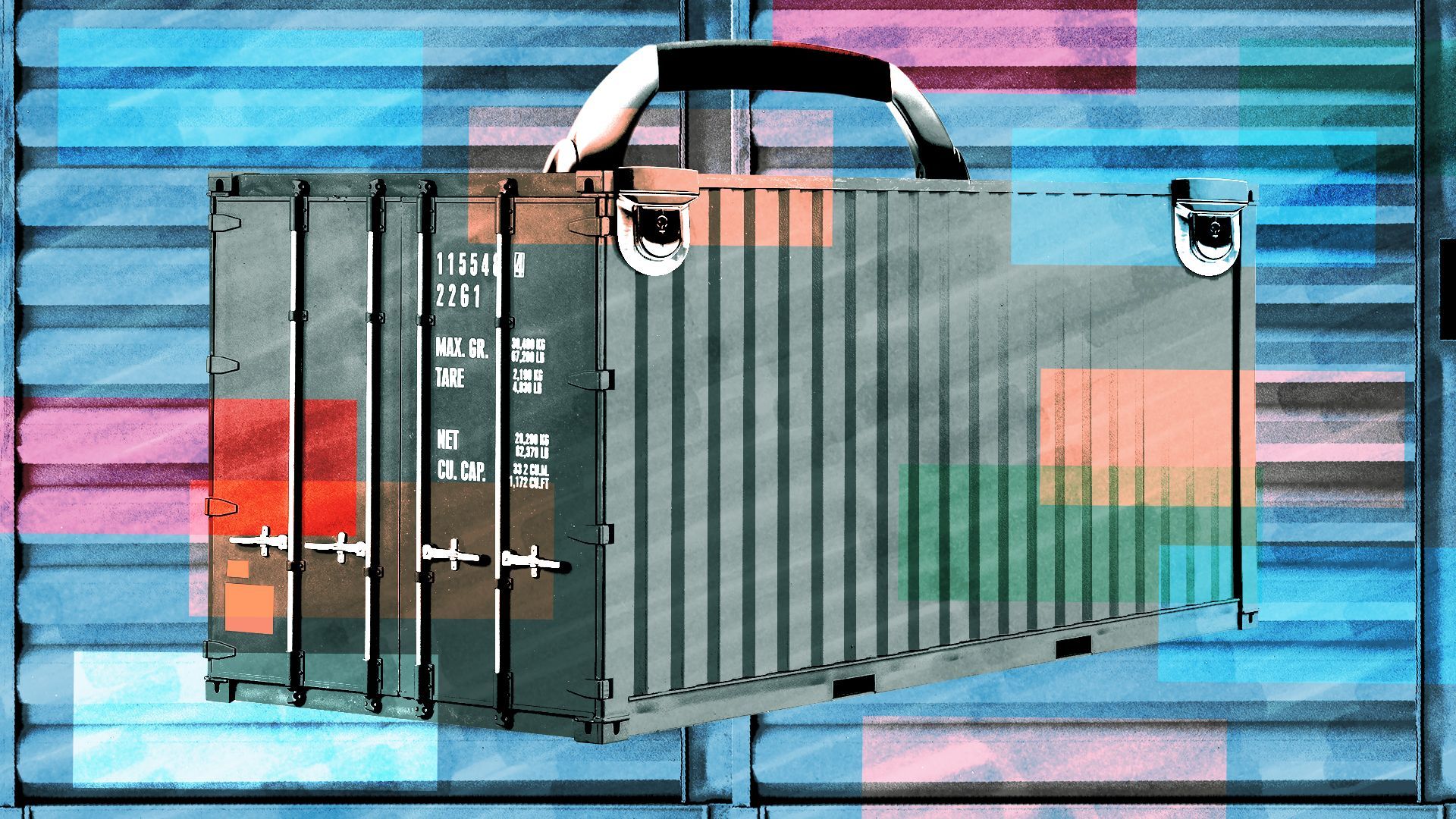 Illustration of a shipping container with briefcase elements