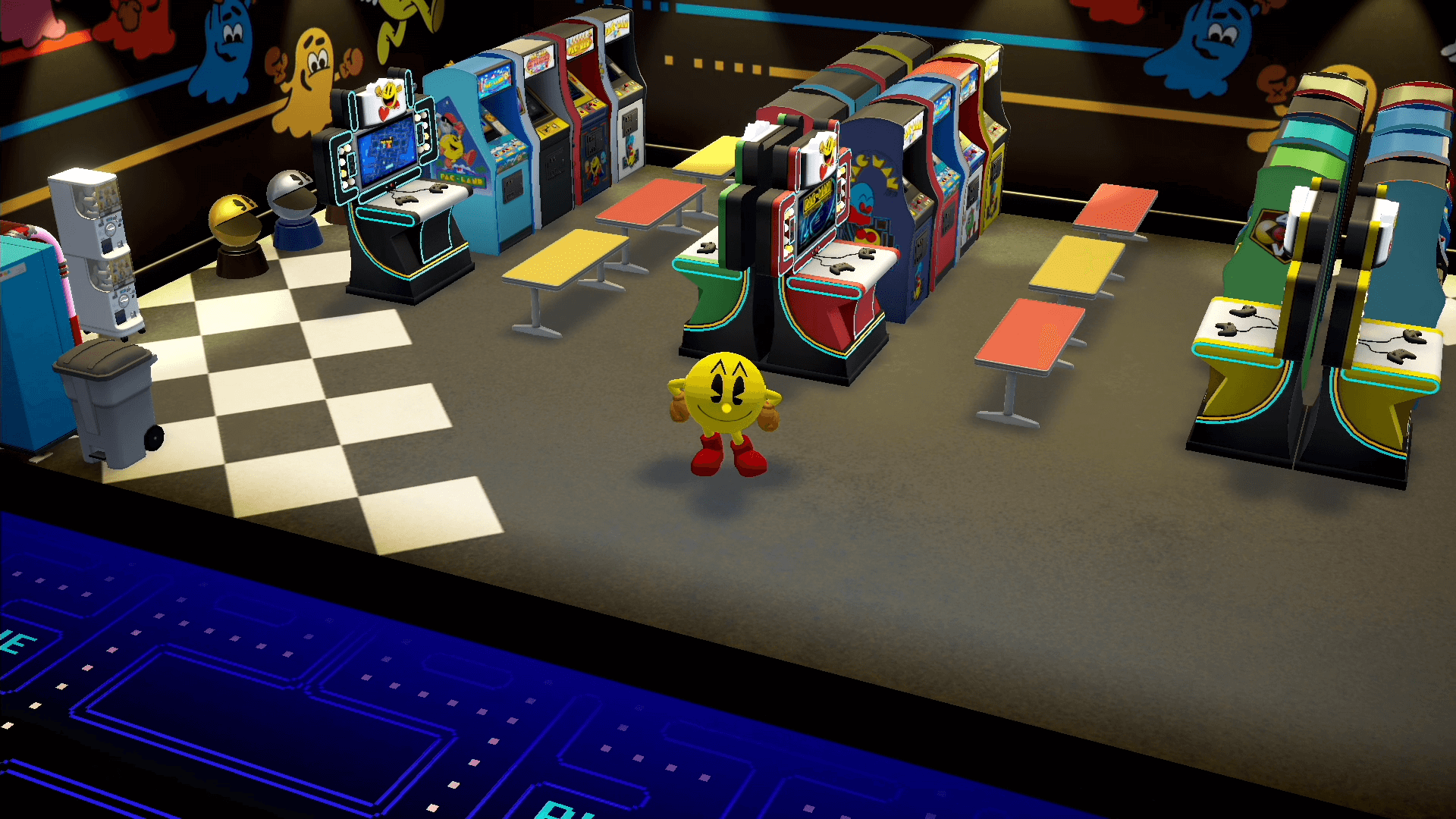 Video game screenshot of Pac-Man standing in a room full of Pac-Man arcade machines