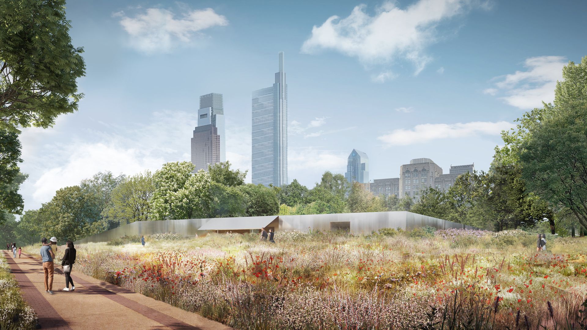 A rendering of Caldar Gardens viewed from the Benjamin Franklin Parkway