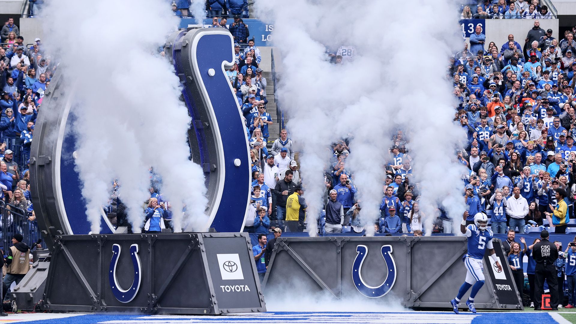 Anthony Richardson #5 of the Indianapolis Colts takes the field prior to the game against the Tennessee Titans at Lucas Oil Stadium.