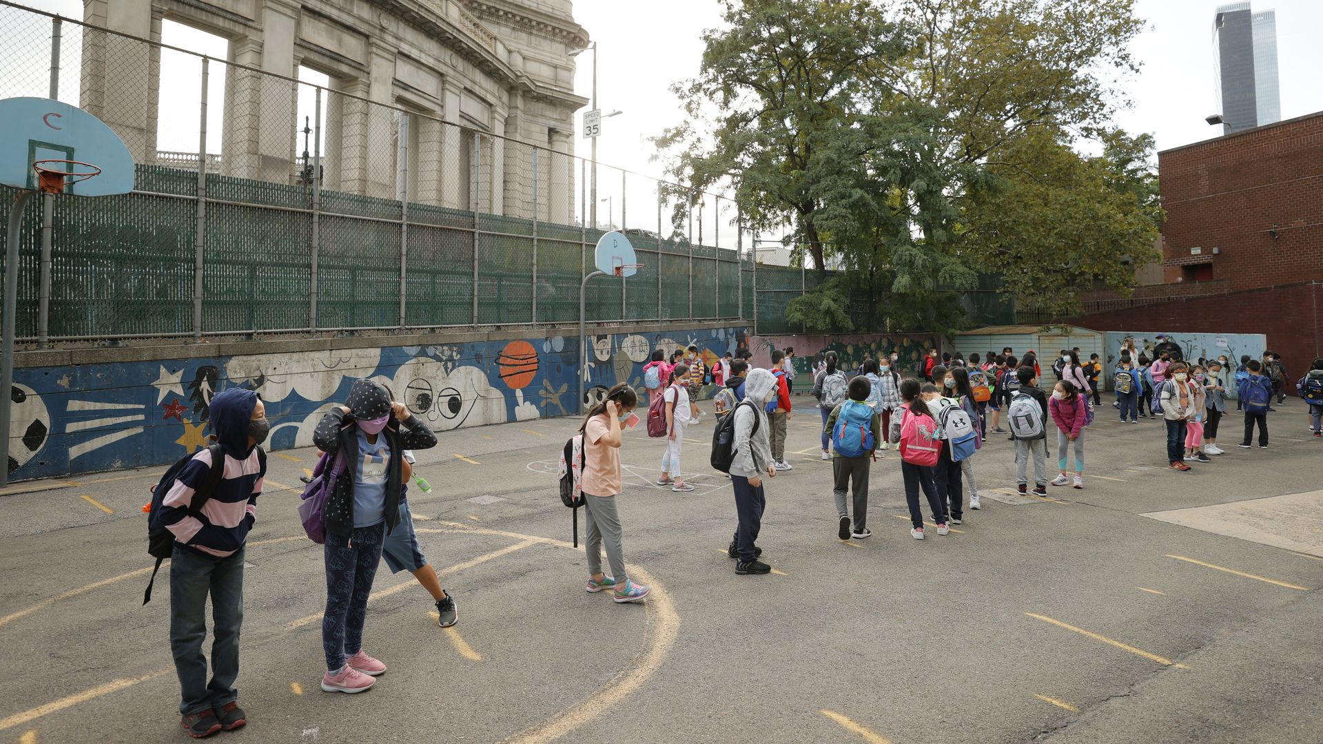 Students line up in the morning at Yung Wing School P.S. 124 on September 27, 2021 in New York City.