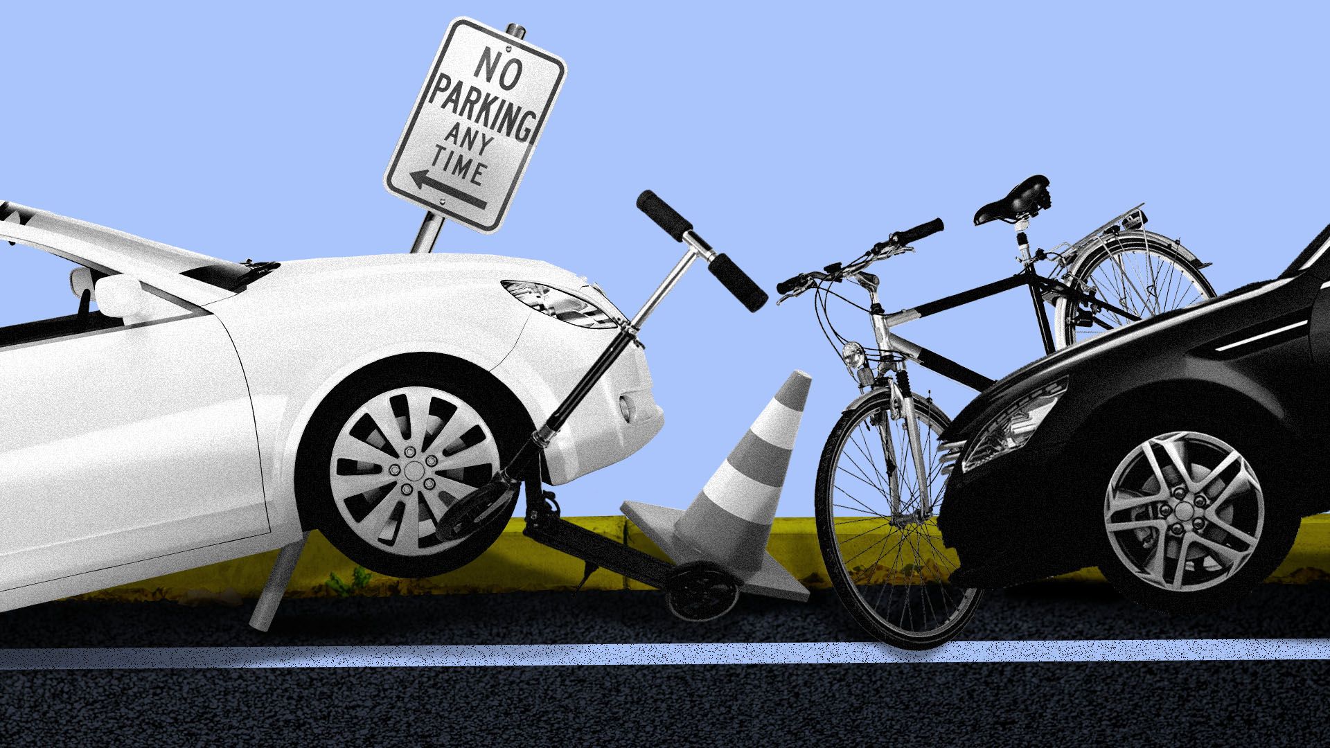 Illustration of a curb congested with cars, a bike, a scooter, a traffic cone, and a no parking sign