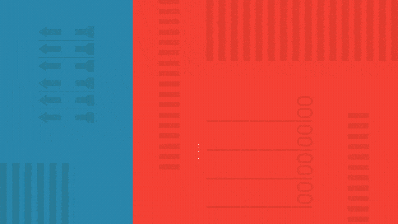 Animated illustration of the shapes of Alabama, Alaska, American Samoa, Arkansas, California, Colorado, Maine, Massachusetts, Minnesota, North Carolina, Oklahoma, Tennessee, Texas, Utah, Vermont, and Virginia rotating over a divided red and blue background with ballot elements.