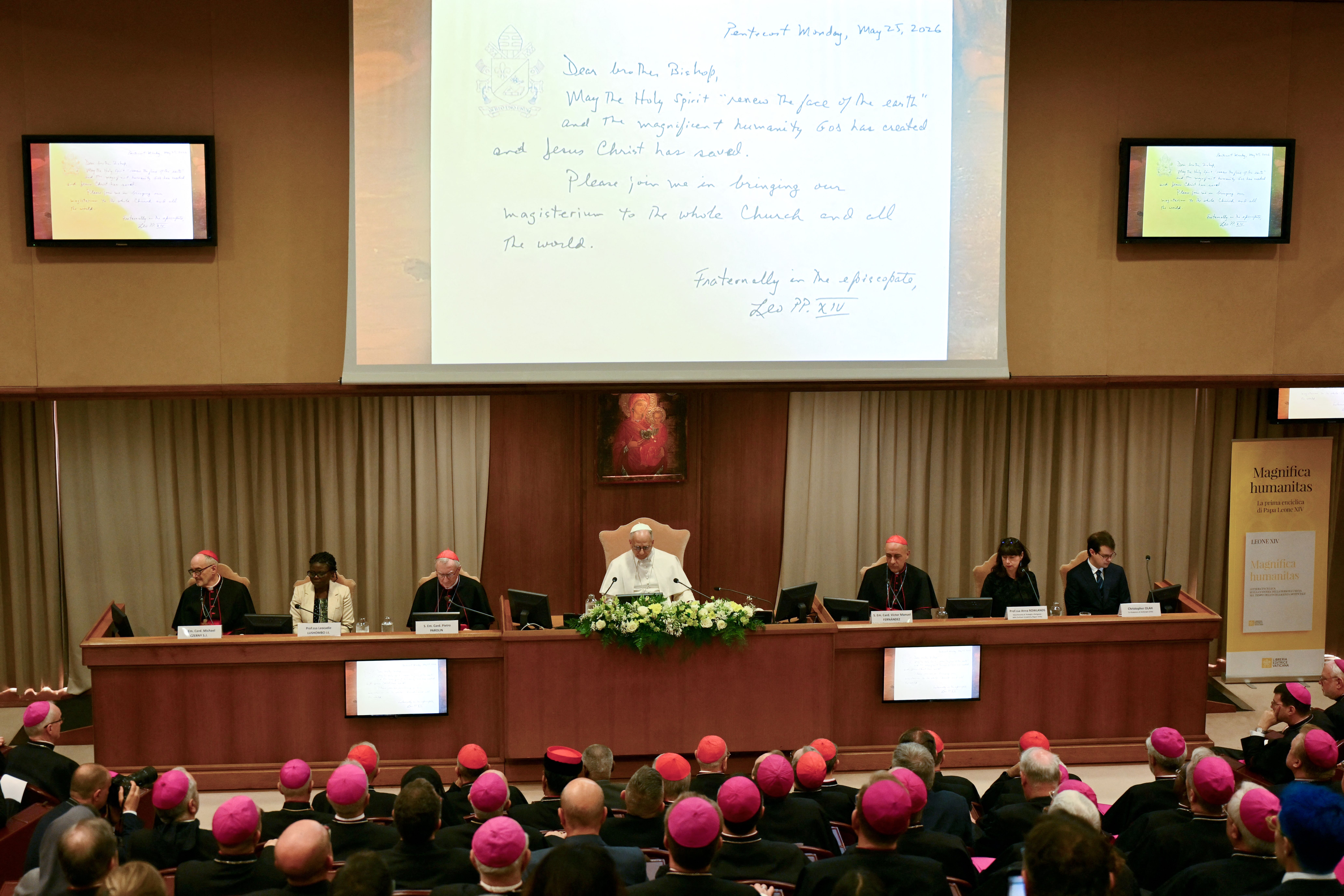 Pope Leo XIV attends the presentation of his first Encyclical Letter "Magnifica Humanitas" focused on the rise of artificial intelligence, in The Vatican on May 25, 2026. (Photo by Alberto PIZZOLI / AFP via Getty Images)