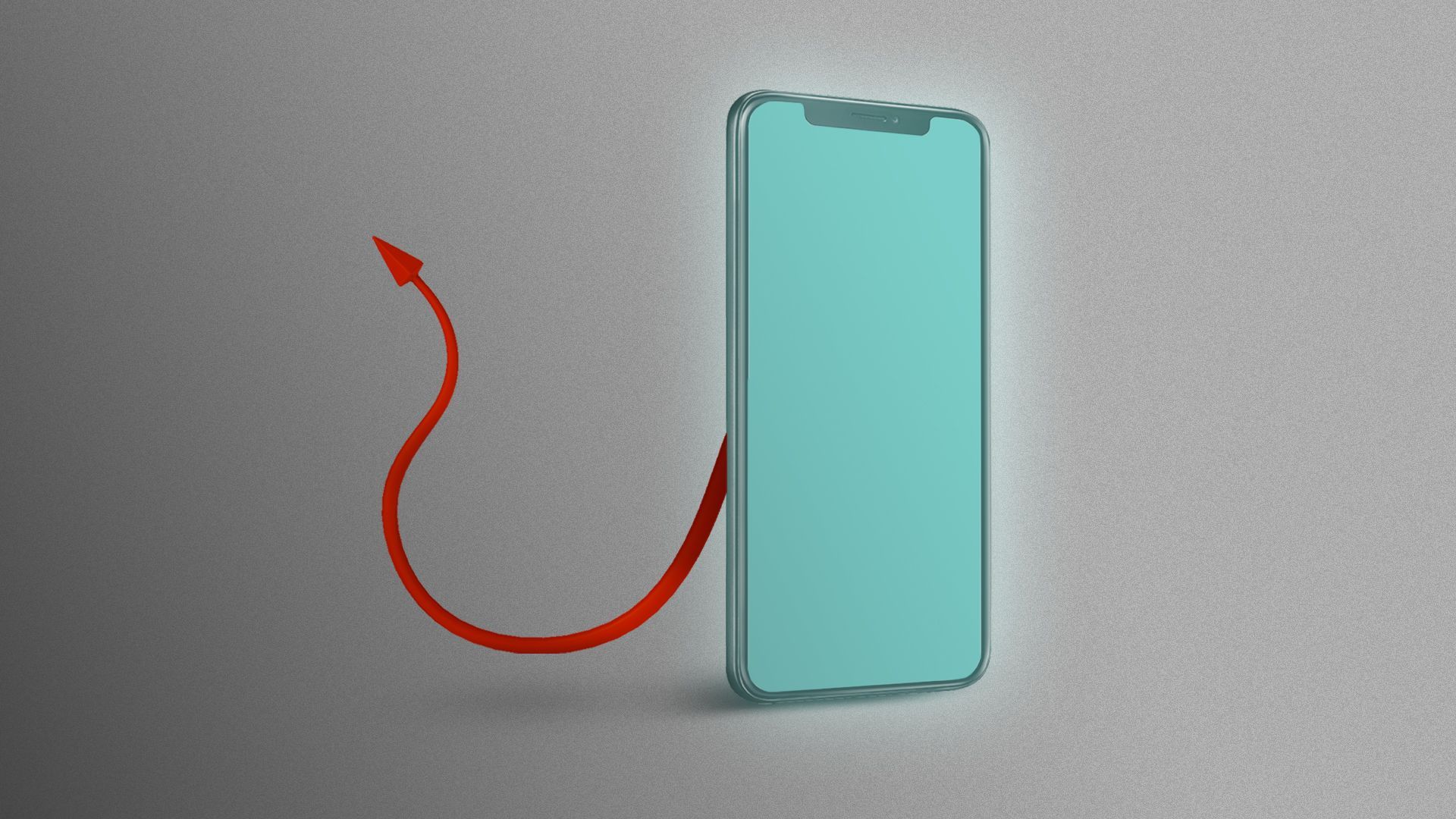 Illustration of a mobile phone turned to the side glowing, a devil's tail is coming out of the back hidden in the shadows.