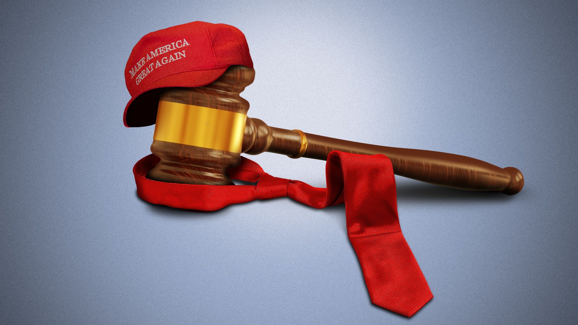 Illustration of a gavel wearing a MAGA hat and red tie