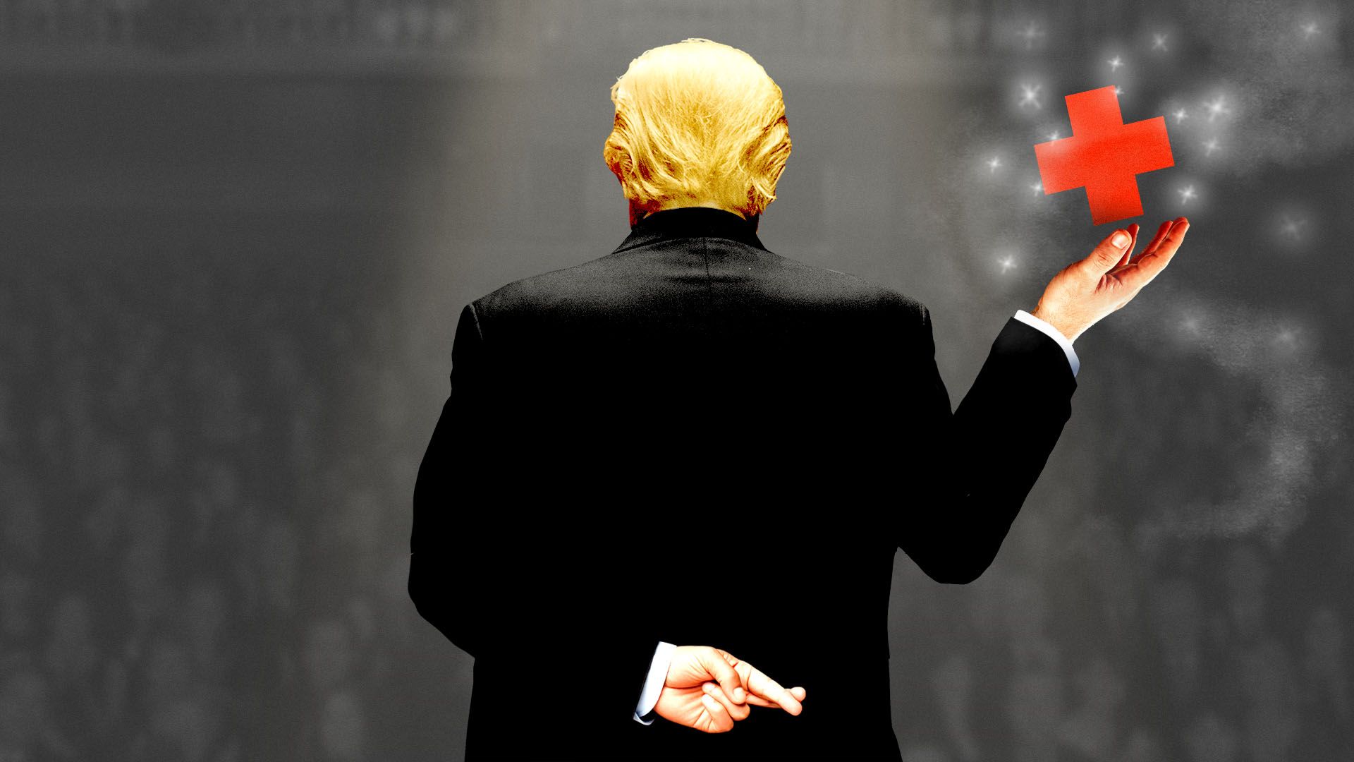 Illustration of President Donald Trump presenting a levitating red cross with his fingers crossed behind his back