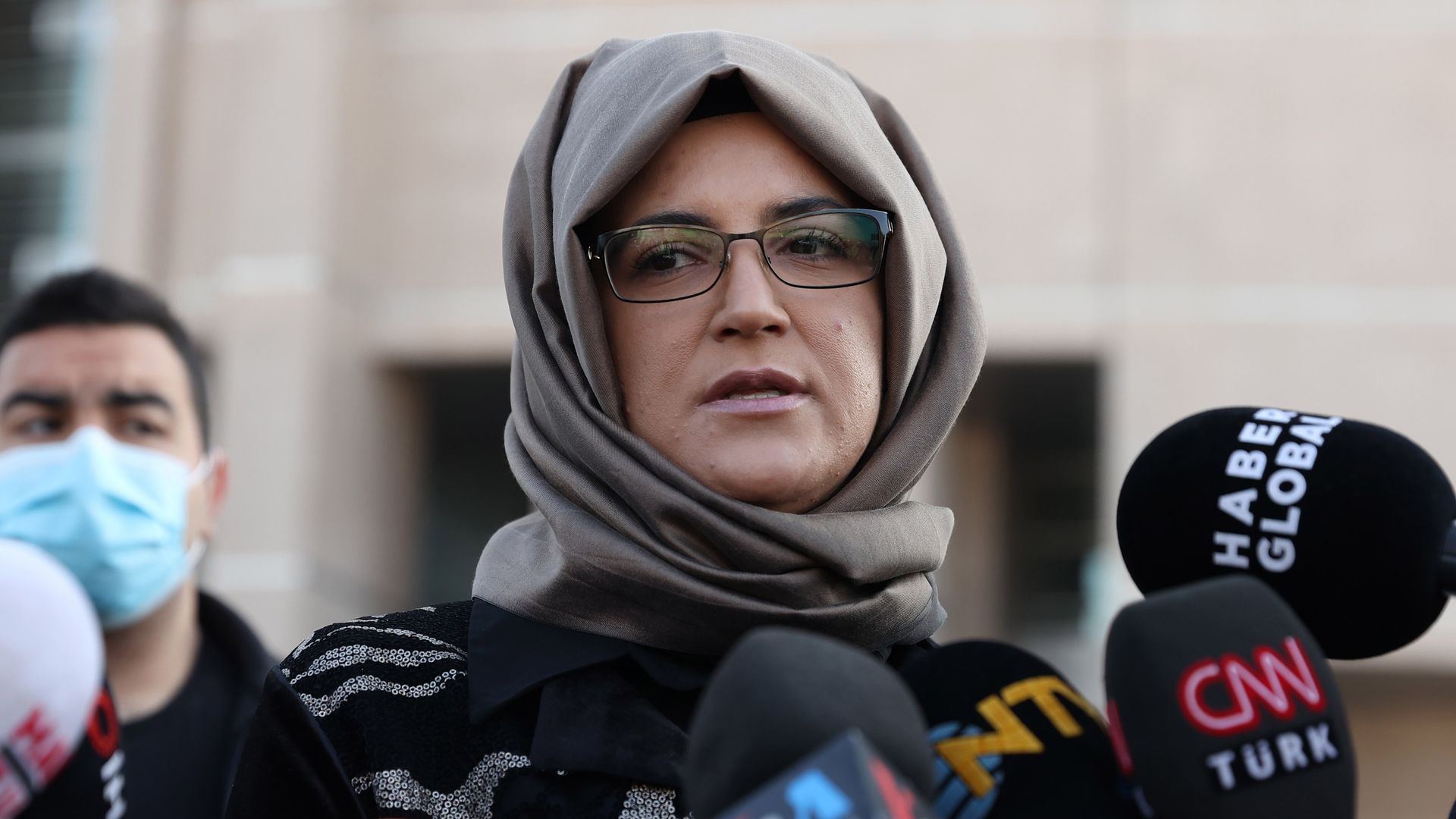 Saudi journalist Jamal Khashoggi's fiancee Hatice Cengiz speaks to press after the trial of trial of 26 defendants over the killing of Khashoggi in Istanbul, Turkey on March 04