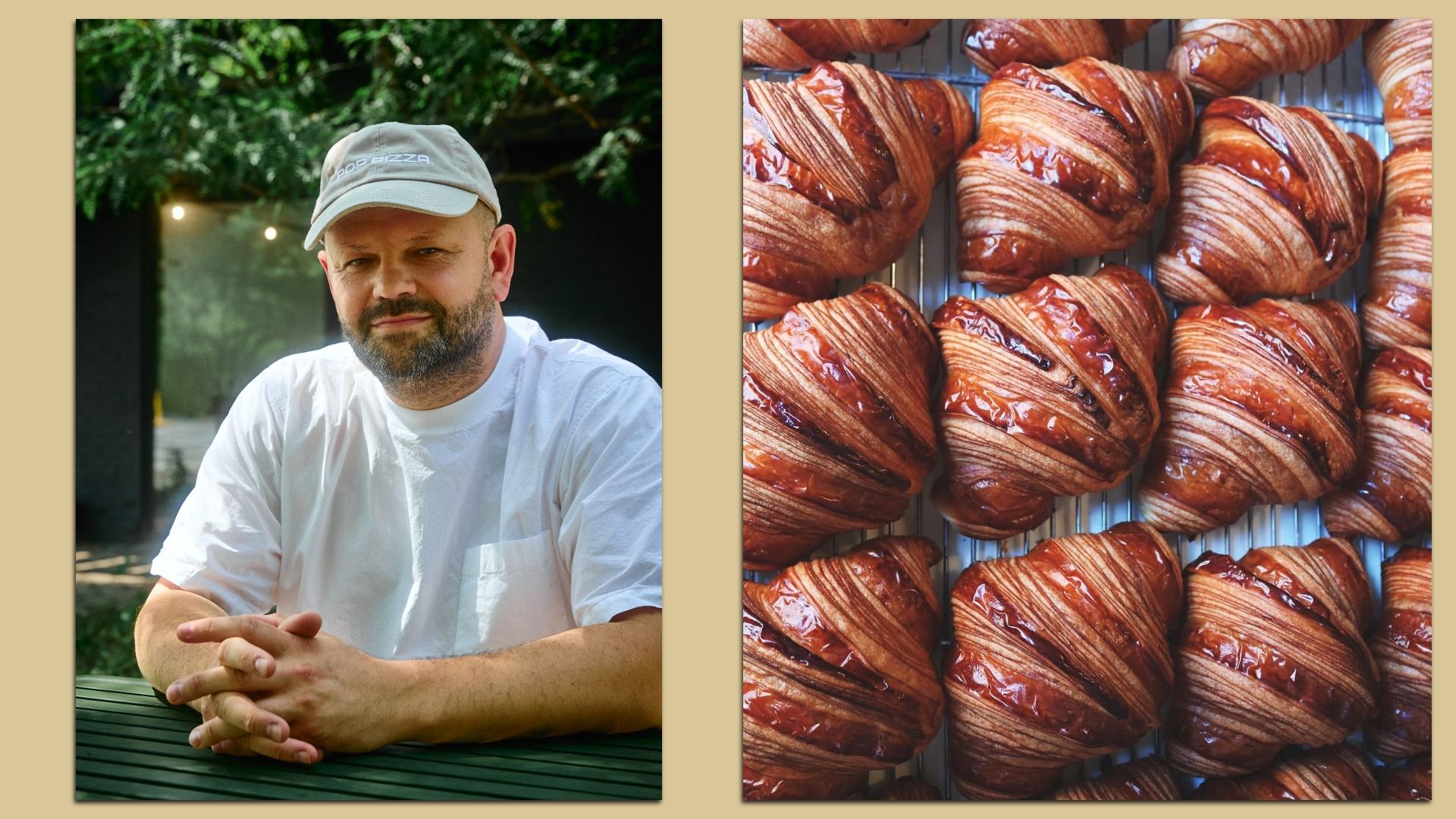 Side-by-side photo: left panel shows a bearded man wearing a light cap and white shirt, sitting outdoors with folded hands. Right panel shows rows of glossy braided croissants on a cooling rack.