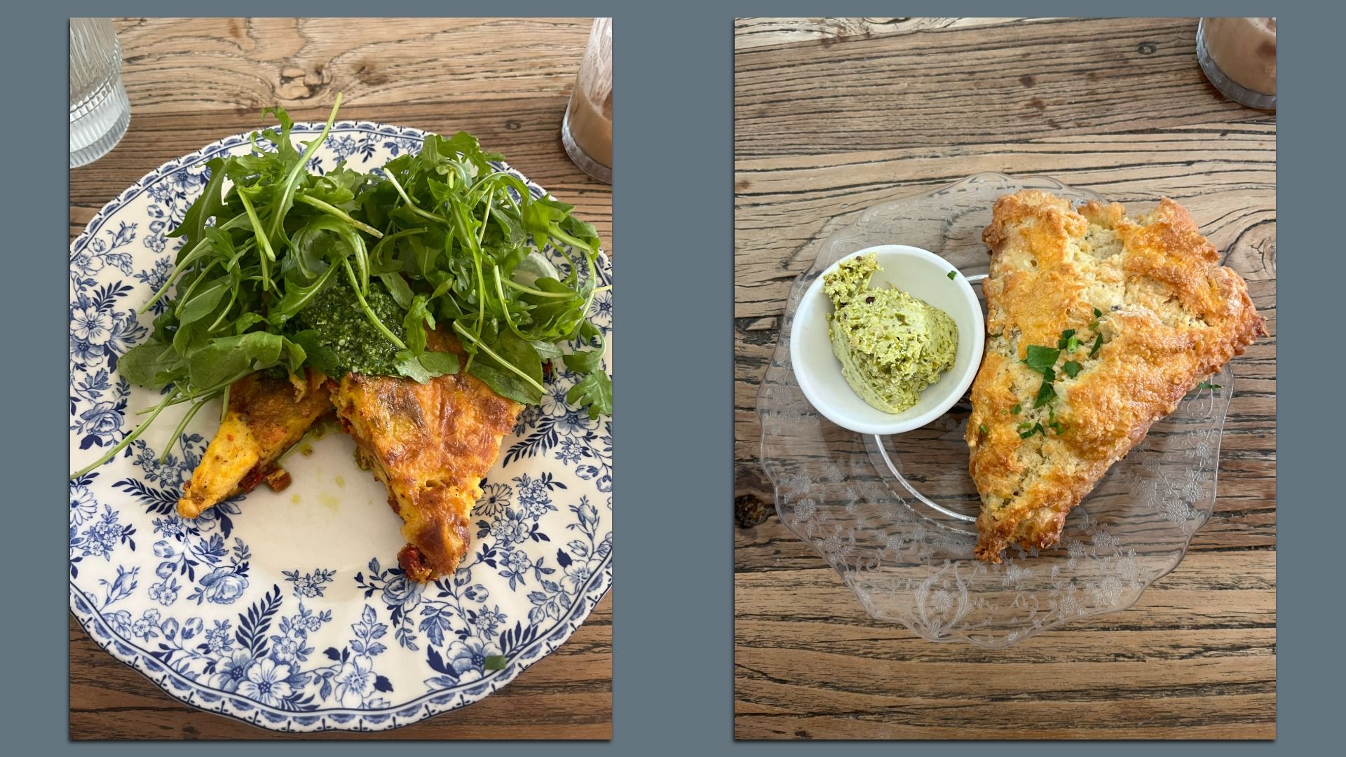 Two plates on a wooden table: left plate has two frittata triangles topped with green pesto and fresh arugula on a blue floral plate; right plate has a cheesy, golden biscuit with green chile butter on a clear plate.