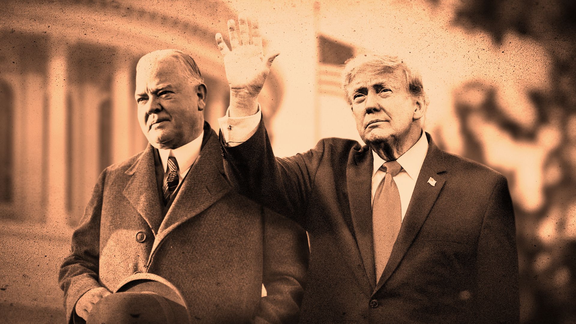 Photo illustration of former President Herbert Hoover and President Donald Trump standing side by side in a black and white photo