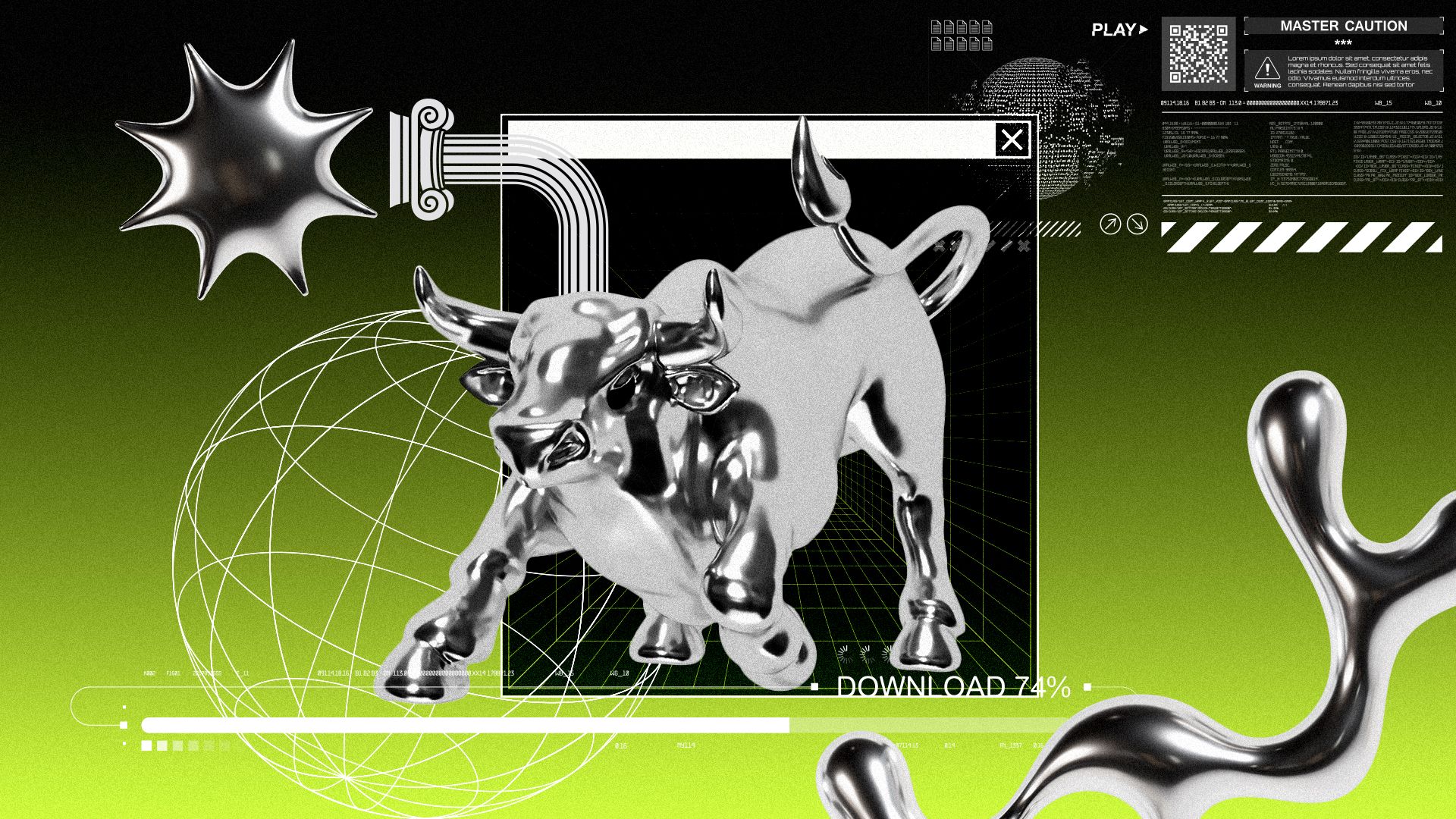 Illustration of a shiny metallic bull in a futuristic digital interface with green gradient background, geometric wireframe globe, abstract shapes, and data elements showing 74% download progress.