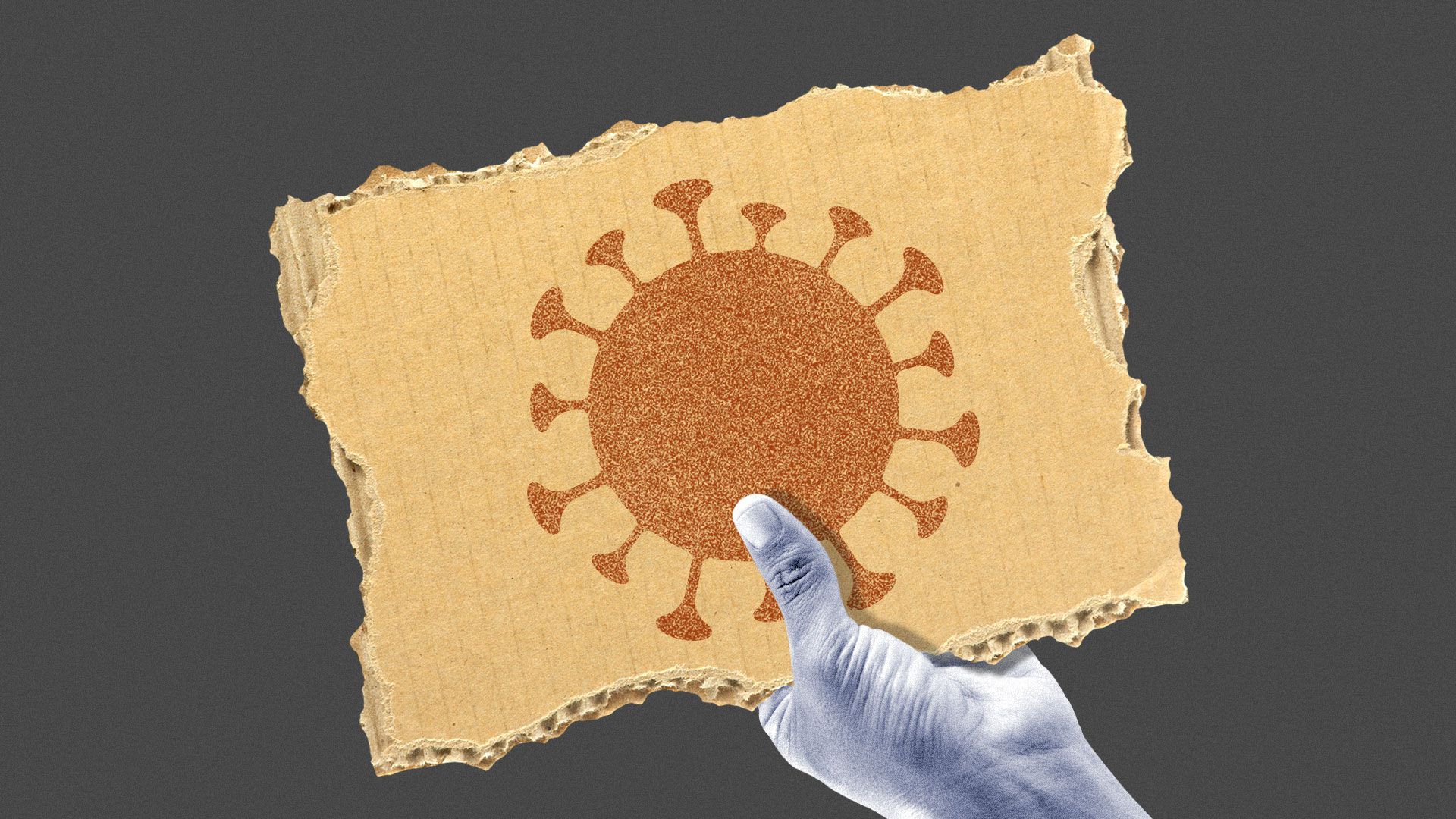 Illustration of hand holding a virus cardboard sign