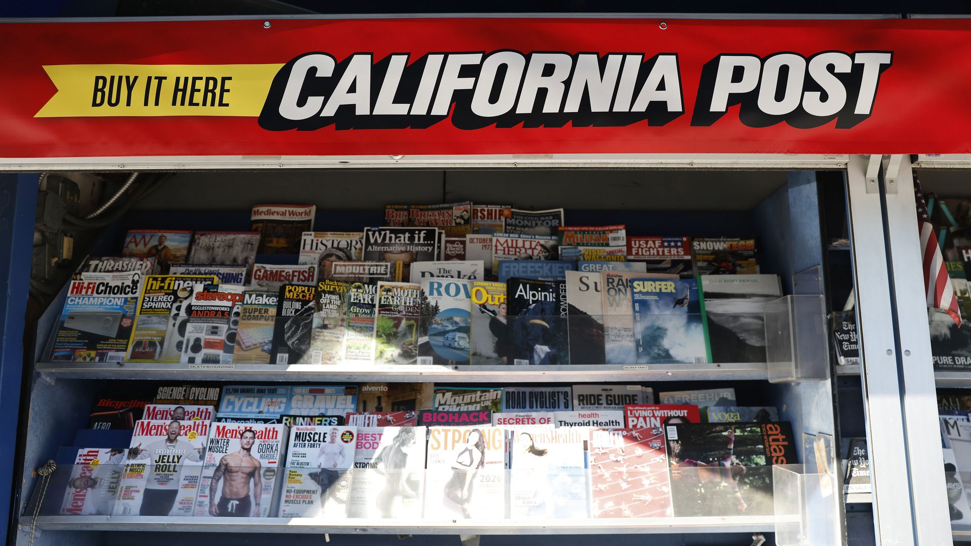 An advertisement for the California Post newspaper print edition is displayed at Laurel Canyon News on January 27, 2026 in Los Angeles, California.