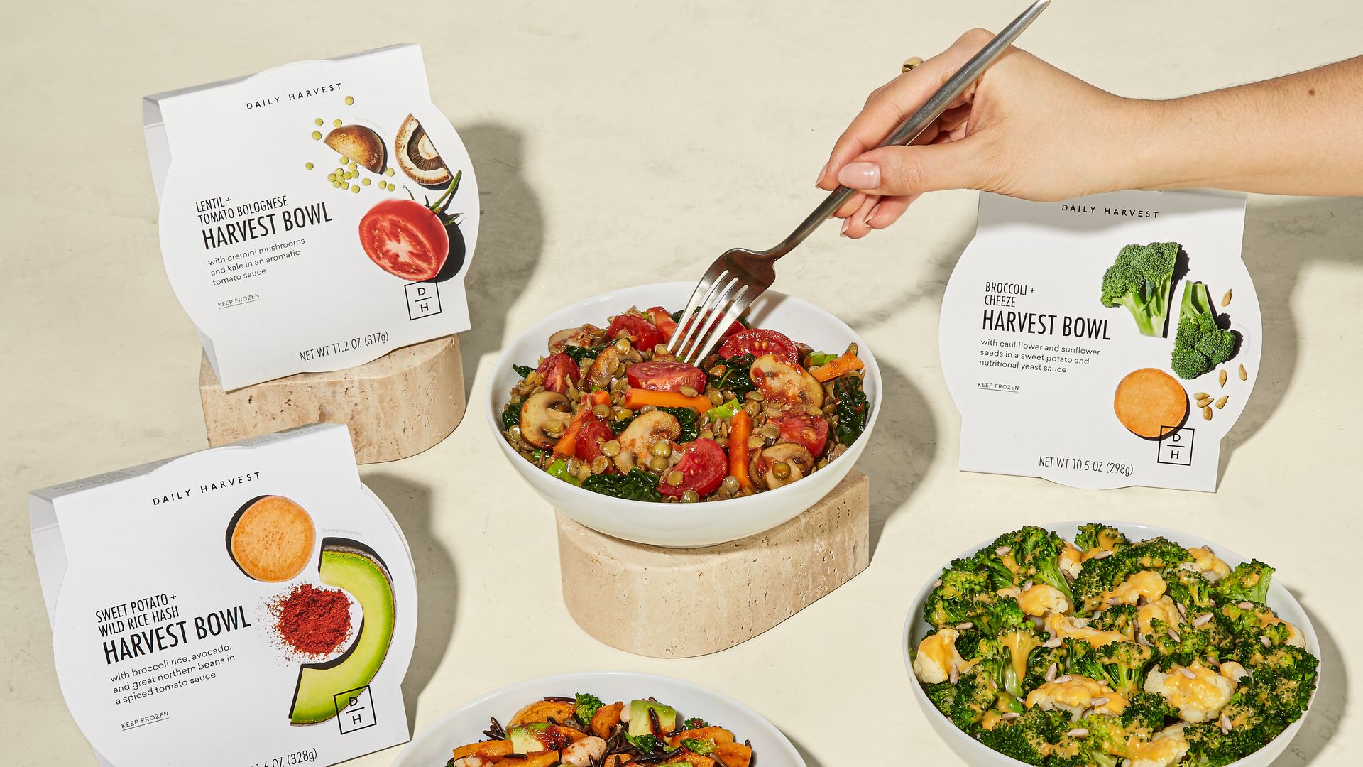 Promotional photo of Daily Harvest's bowls and packaging