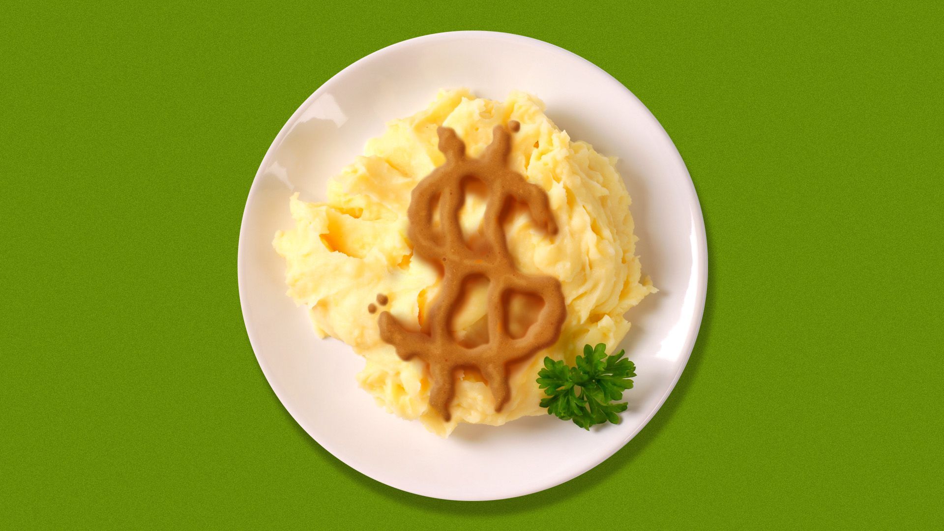 Illustration of mashed potatoes on a plate with dollar sign shaped gravy