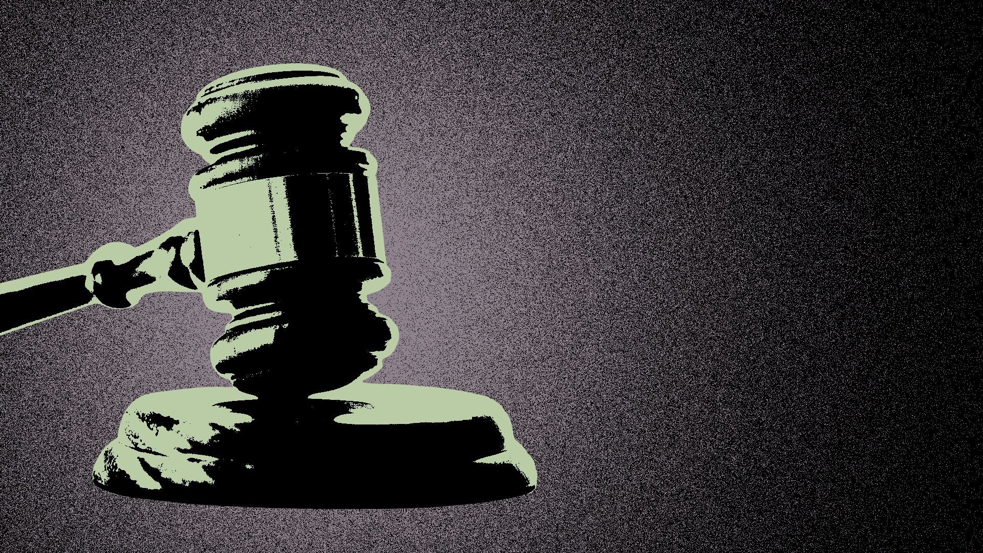 Illustration of a black and white gavel with a green tint over a purple and black background.