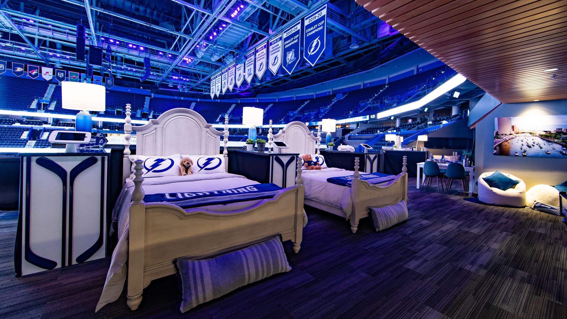 A luxury sweet at Amalie Arena that has been turned into a rentable bedroom.
