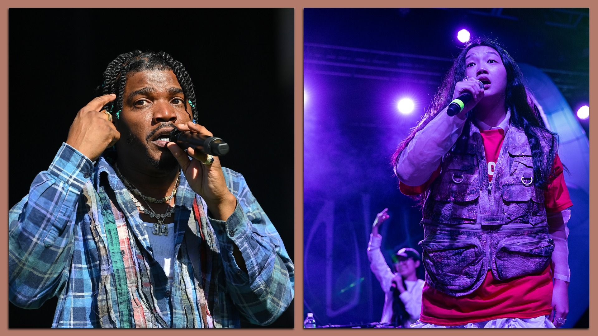 Two singers performing on stage; left, a man with braided hair and a blue plaid shirt holding a microphone; right, a woman with long hair and a red shirt with a vest, also holding a microphone under purple stage lights.
