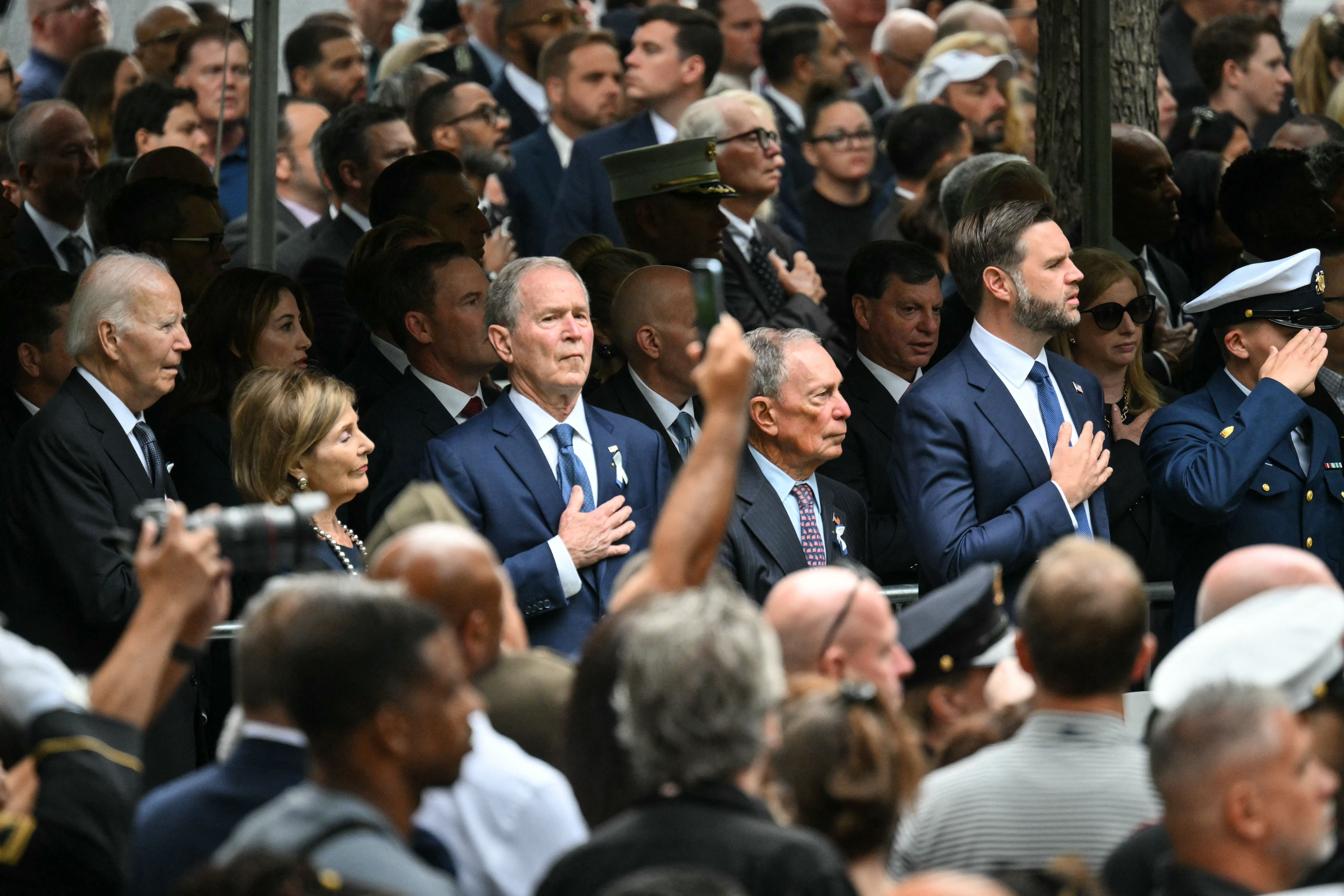 From left: Former President Joe Biden, former First Lady Laura Bush, former President George W. Bush, former New York City Mayor Michael Bloomberg, and Vice President JD Vance attend a 9/11 memorial event in New York City today.