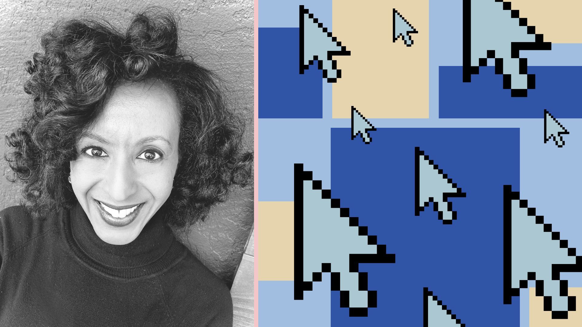 Photo illustration of Fenot Tekle with rectangles and cursors.