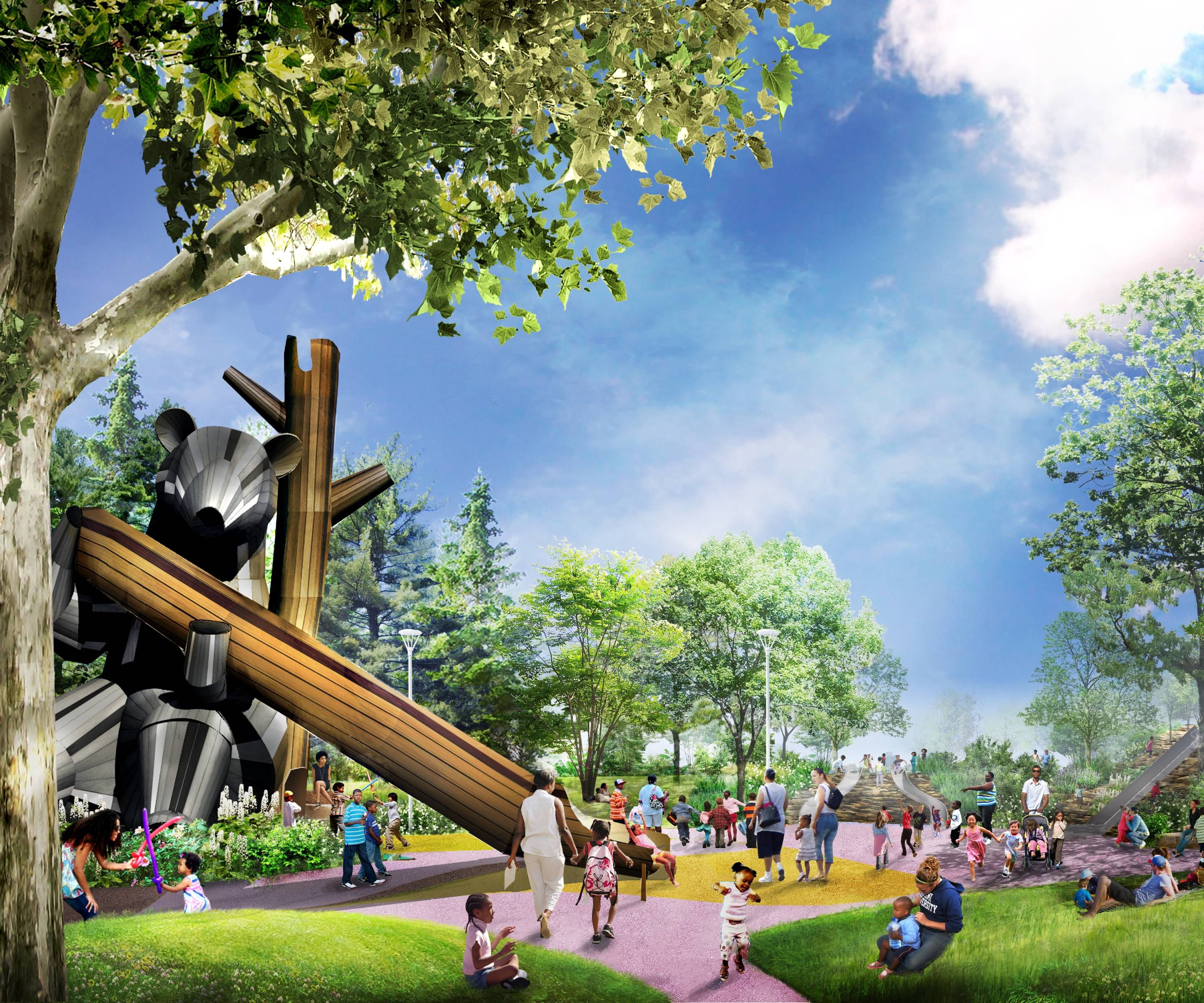 A rendering of play equipment with an animal theme.