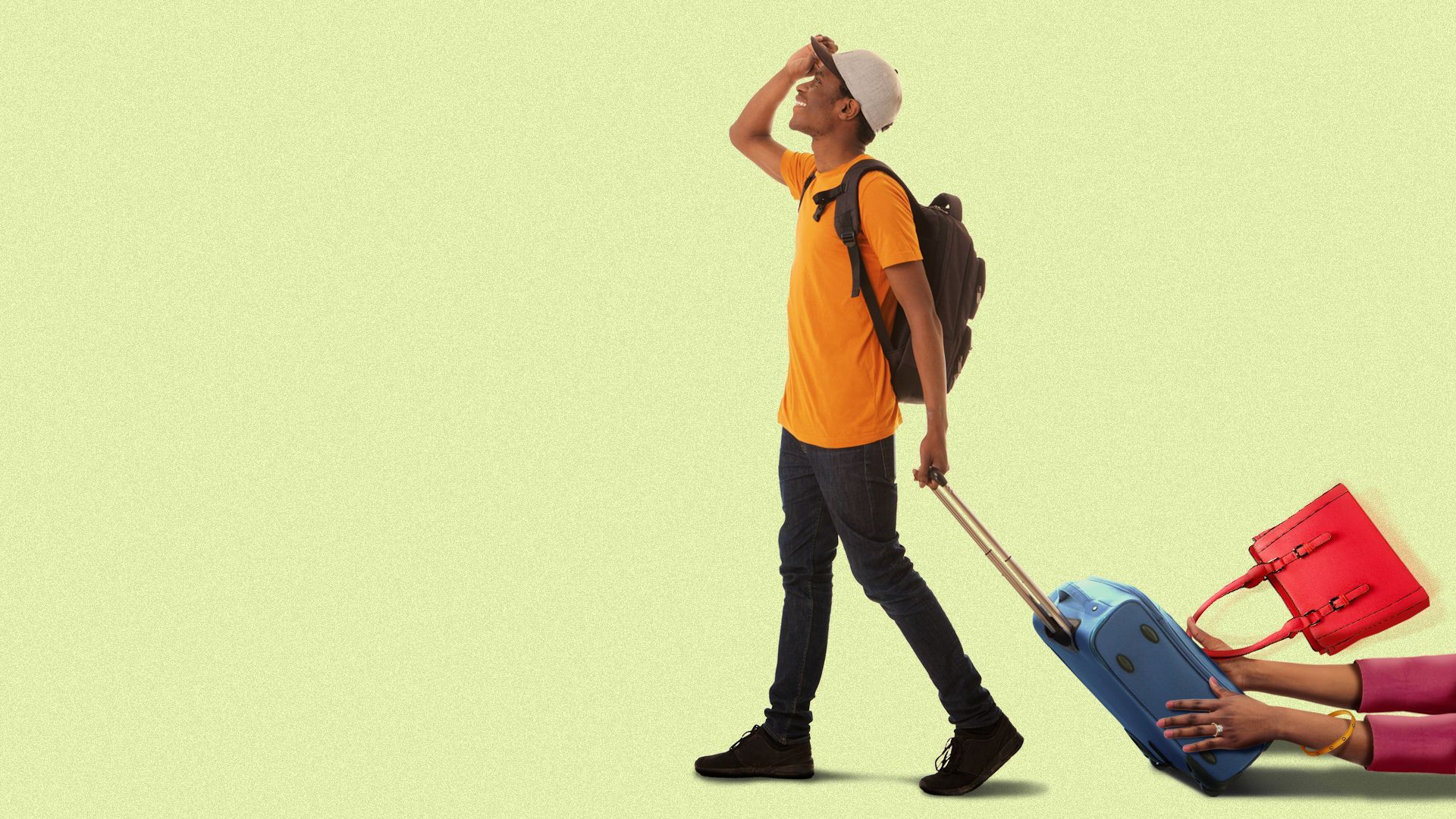 Illustration of a young man with a backpack and suitcase with the arms of his parent holding on behind him